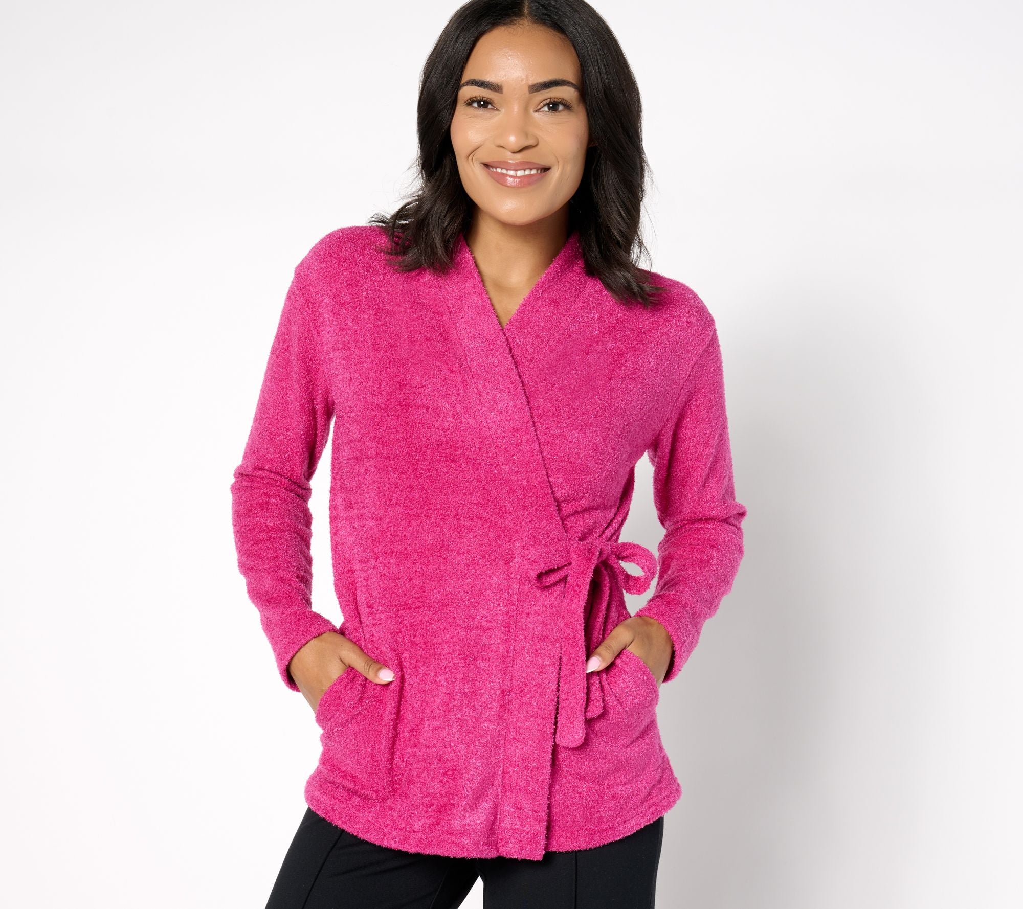 Feather Down Side-Tie Cardigan - Berry