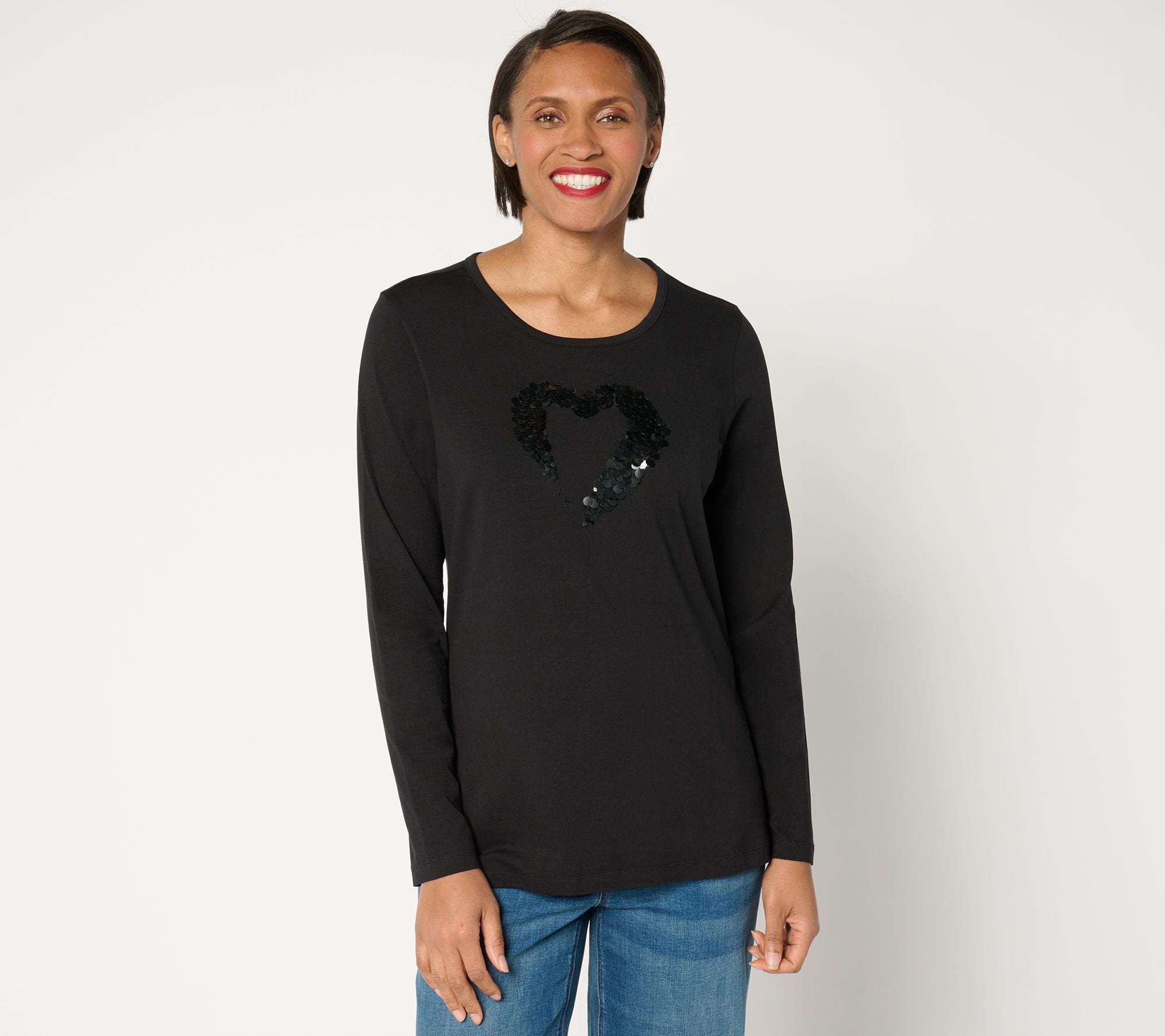 Perfect Jersey Sequin Heart Round Neck Top - Black