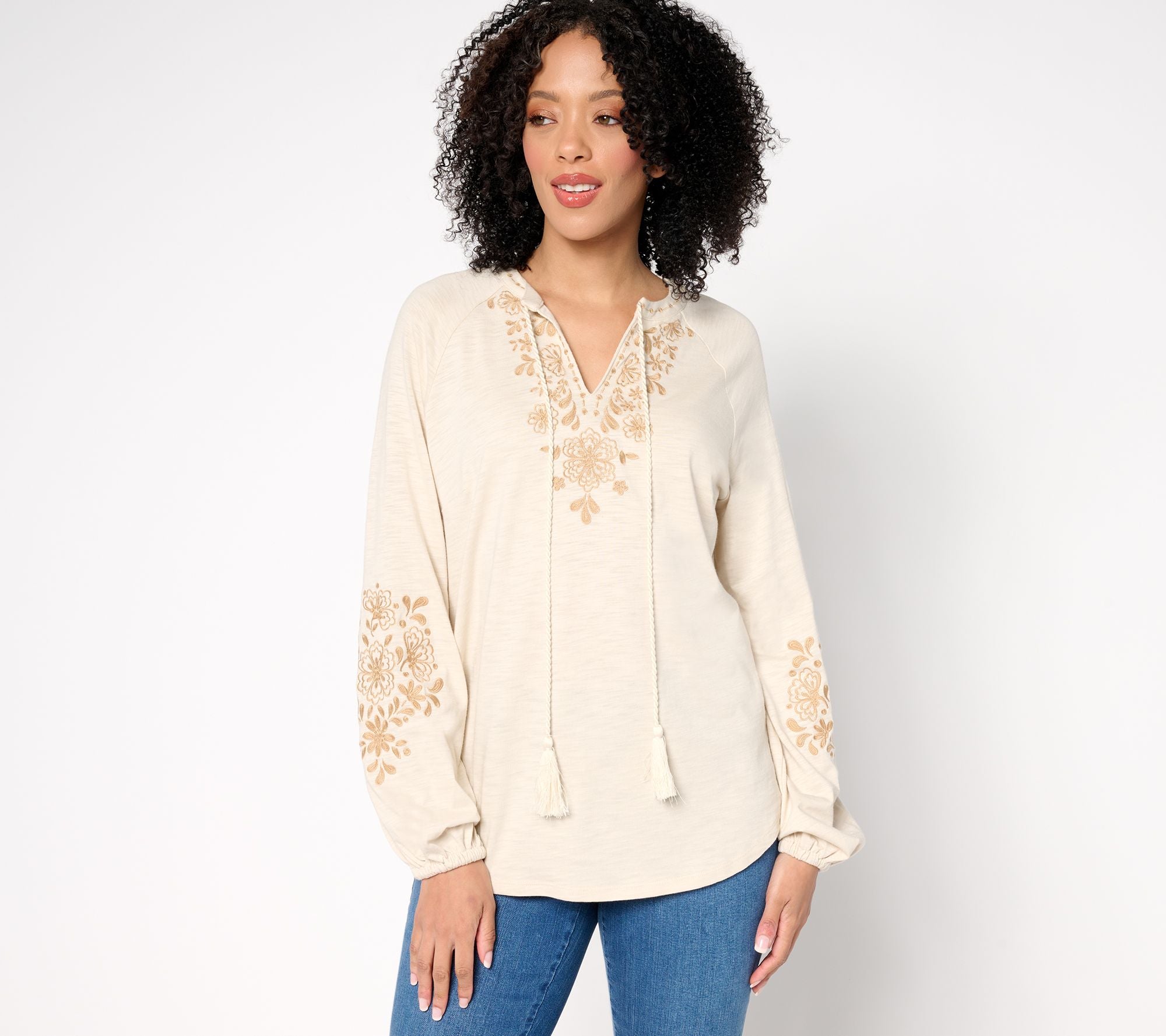 Belle Boho by Kim Gravel Lotus Sunrise Embroidered Peasant Top - Sand Bar