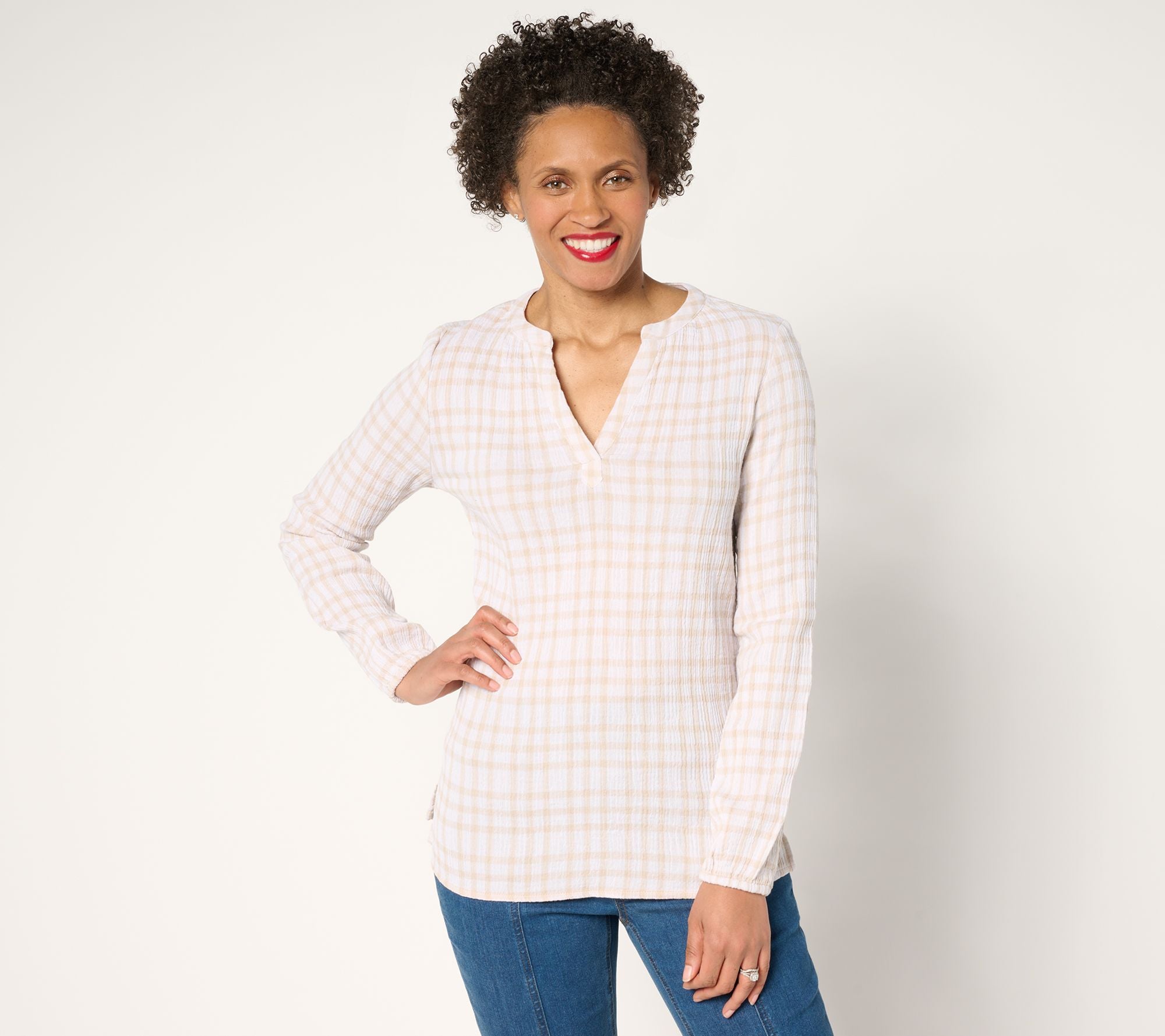 Pucker Perfect Plaid 100% Cotton Popover - Sand Dune