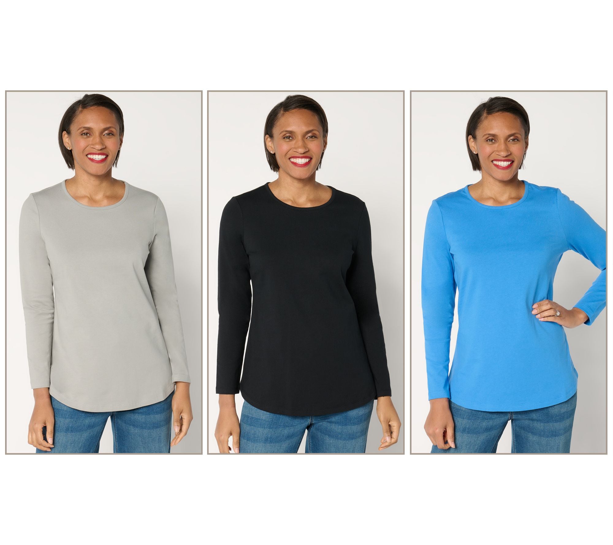Essentials Perfect Jersey 3-Pack Long Sleeve Tops - Blk/Gry/Marine