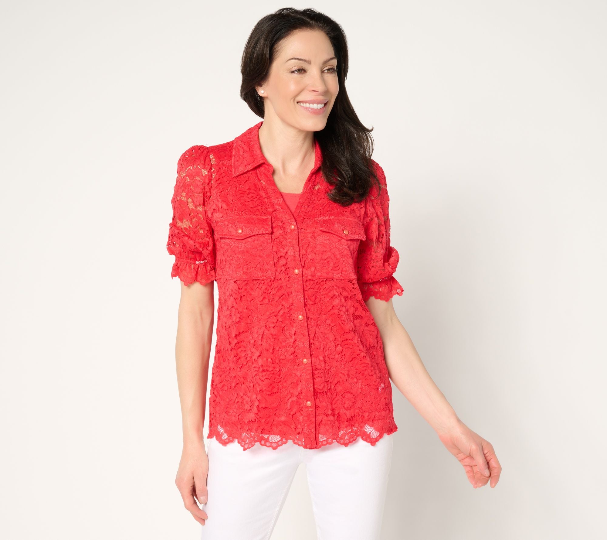 Occasions Short-Sleeve Button-Front Lace Top - Fiery Coral