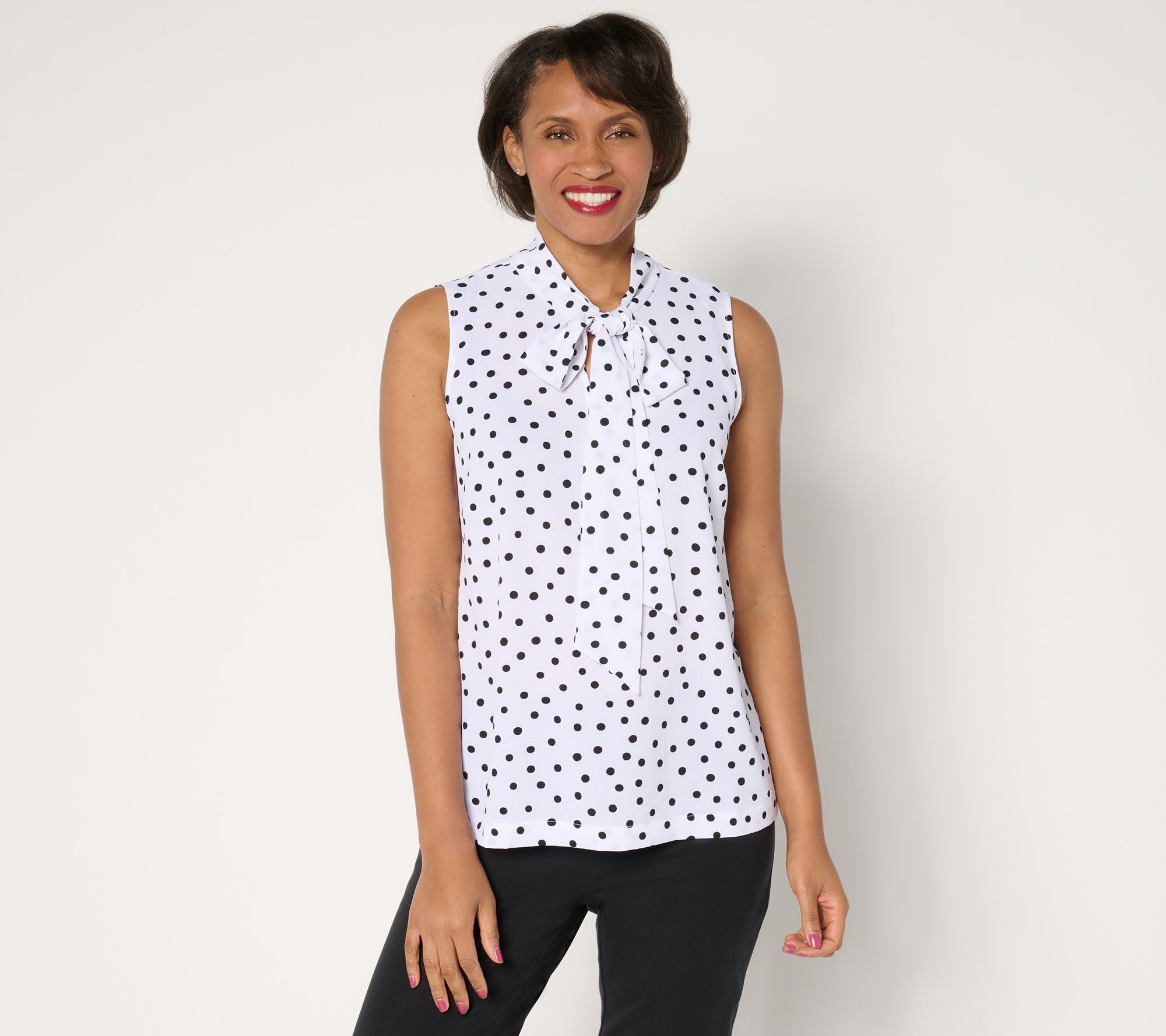 Printed Woven Sleeveless Top with Tie Neck Detail - White/Black