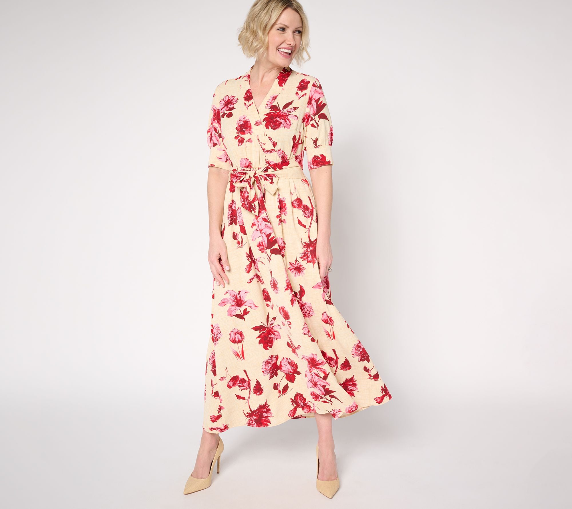 Printed Faux Wrap Midi Dress - True Red