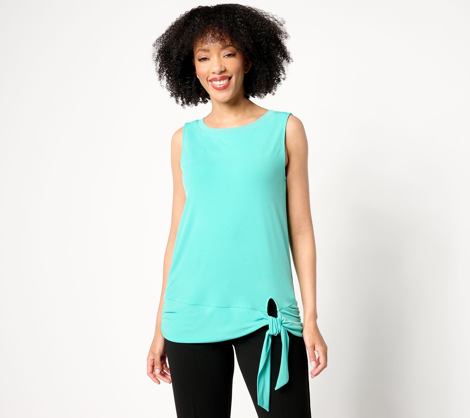 Every Day Liquid Knit Sleeveless Rib Trim Top w/Tie - Raw Turquoise