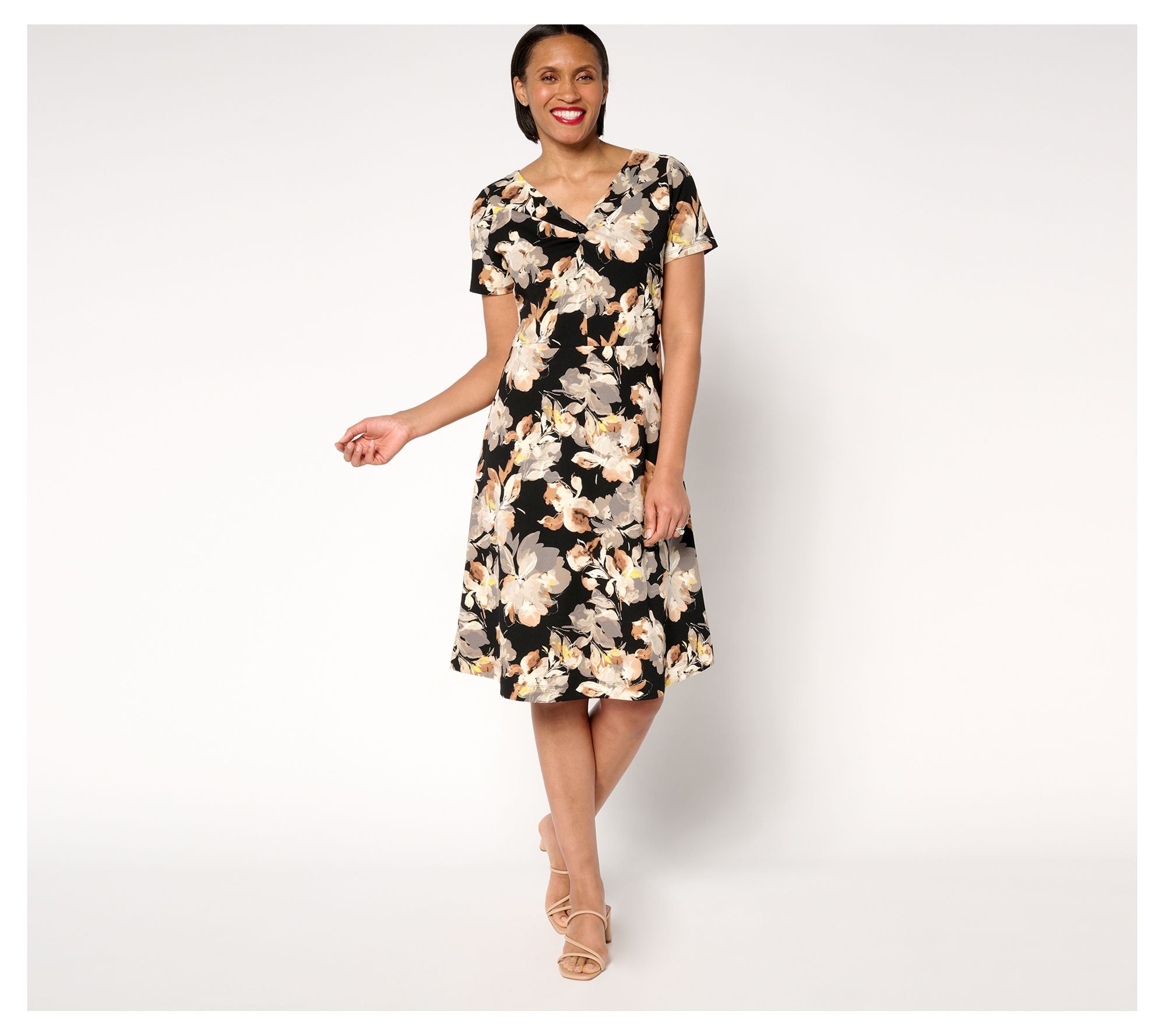 Scuba Crepe Twist Front Dress - Black Floral