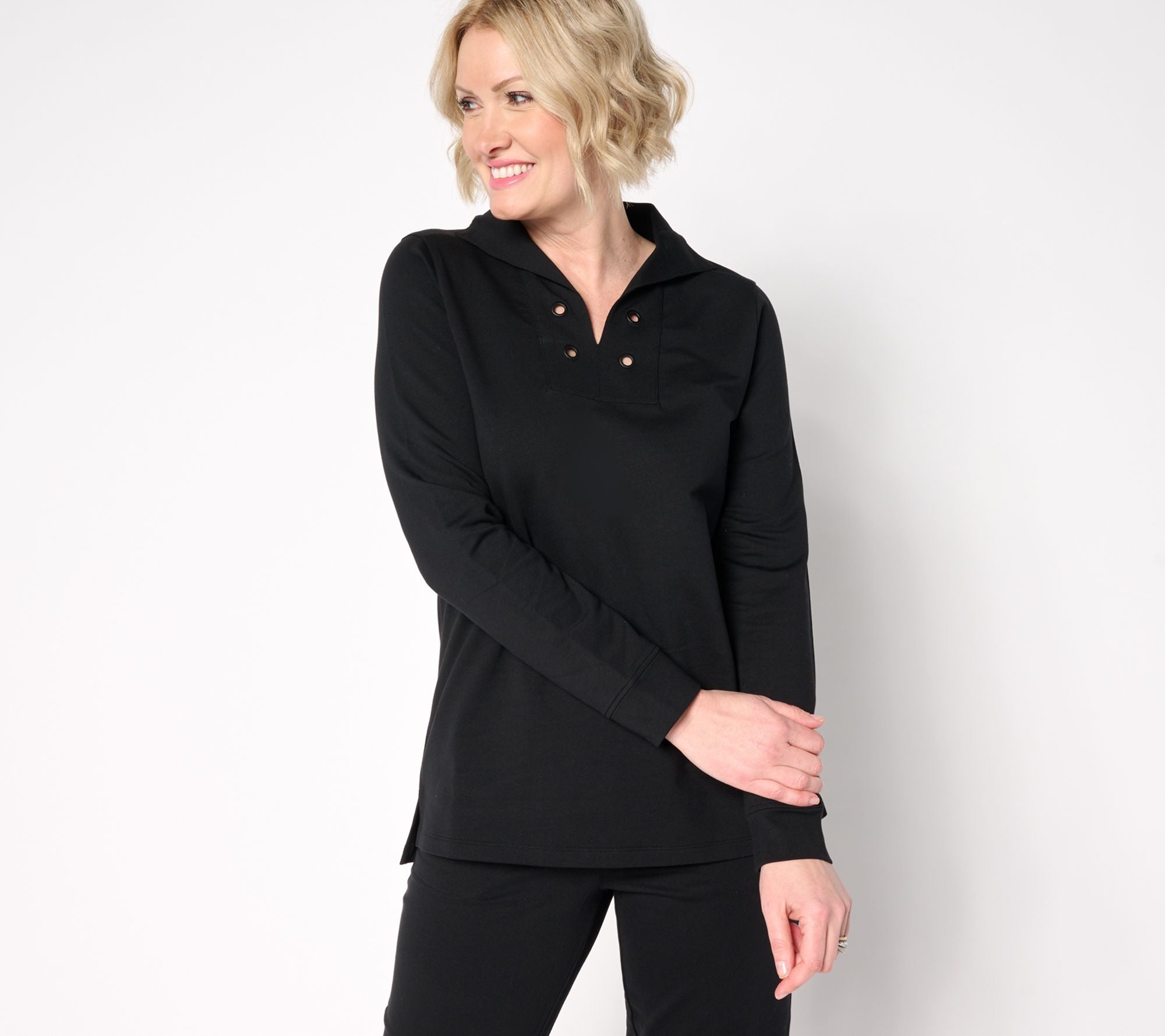 Active French Terry Long Sleeve Top w/ Grommets - Black