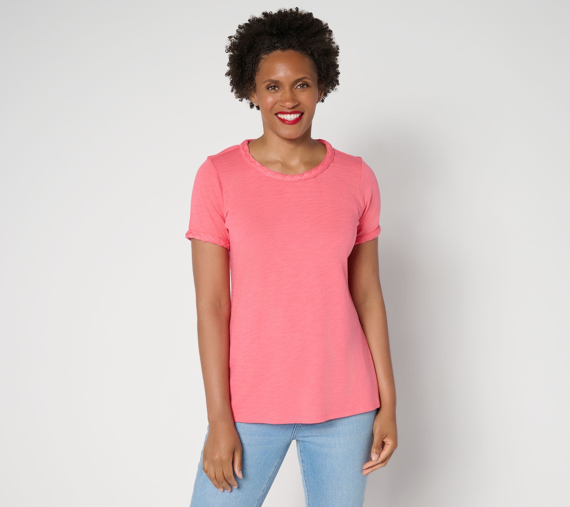 Slub Knit Cape Cod Rope Trim Top - Coral Rose