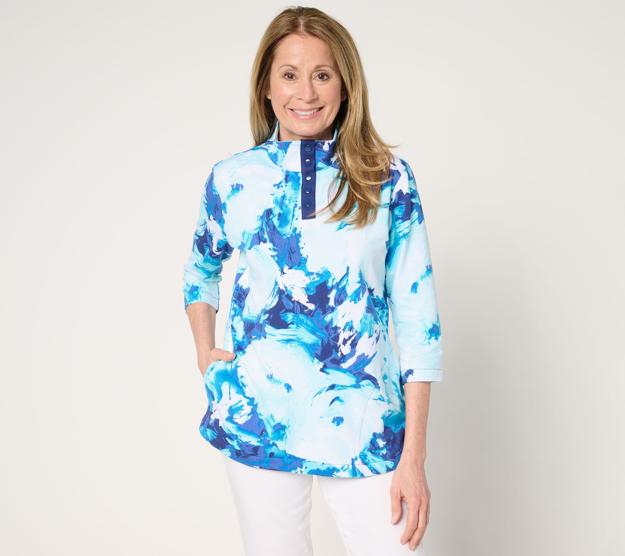Printed French Terry 3/4 Sleeve Snap Front Pullover - Aqua Combo