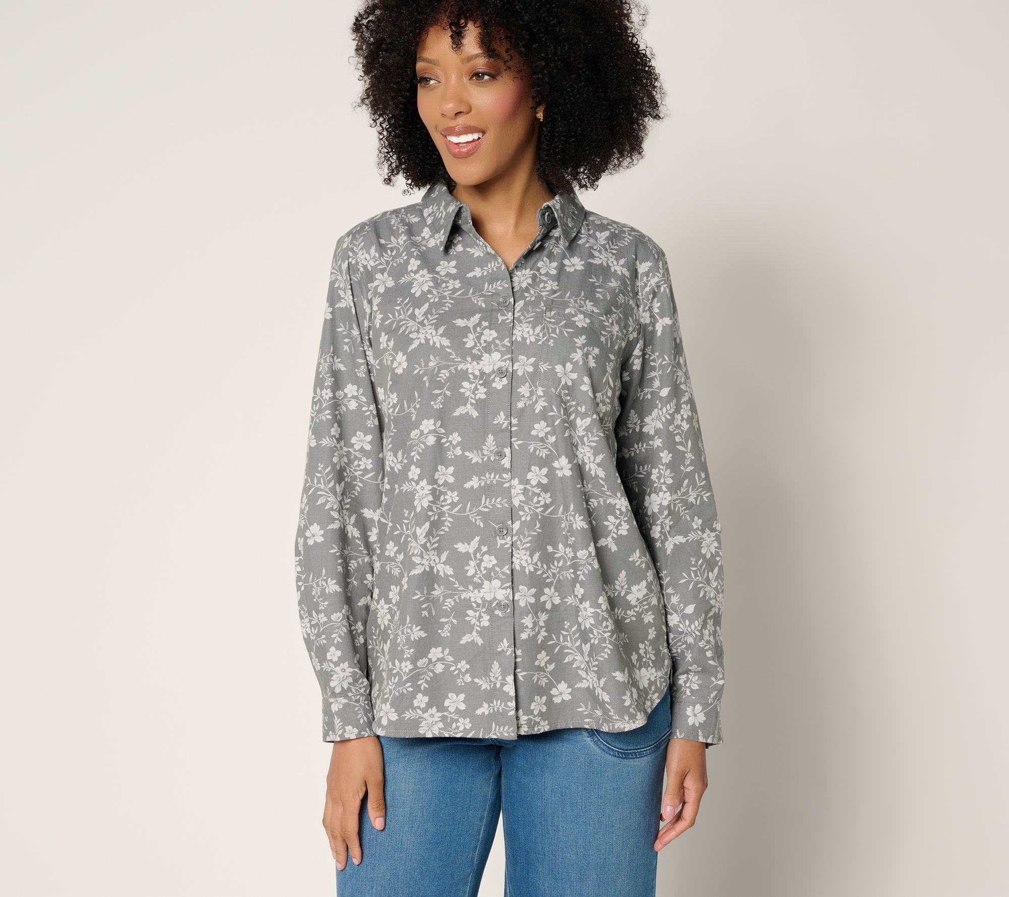 Joan Rivers Cotton Chambray Floral Classic Button Front Shirt - Grey