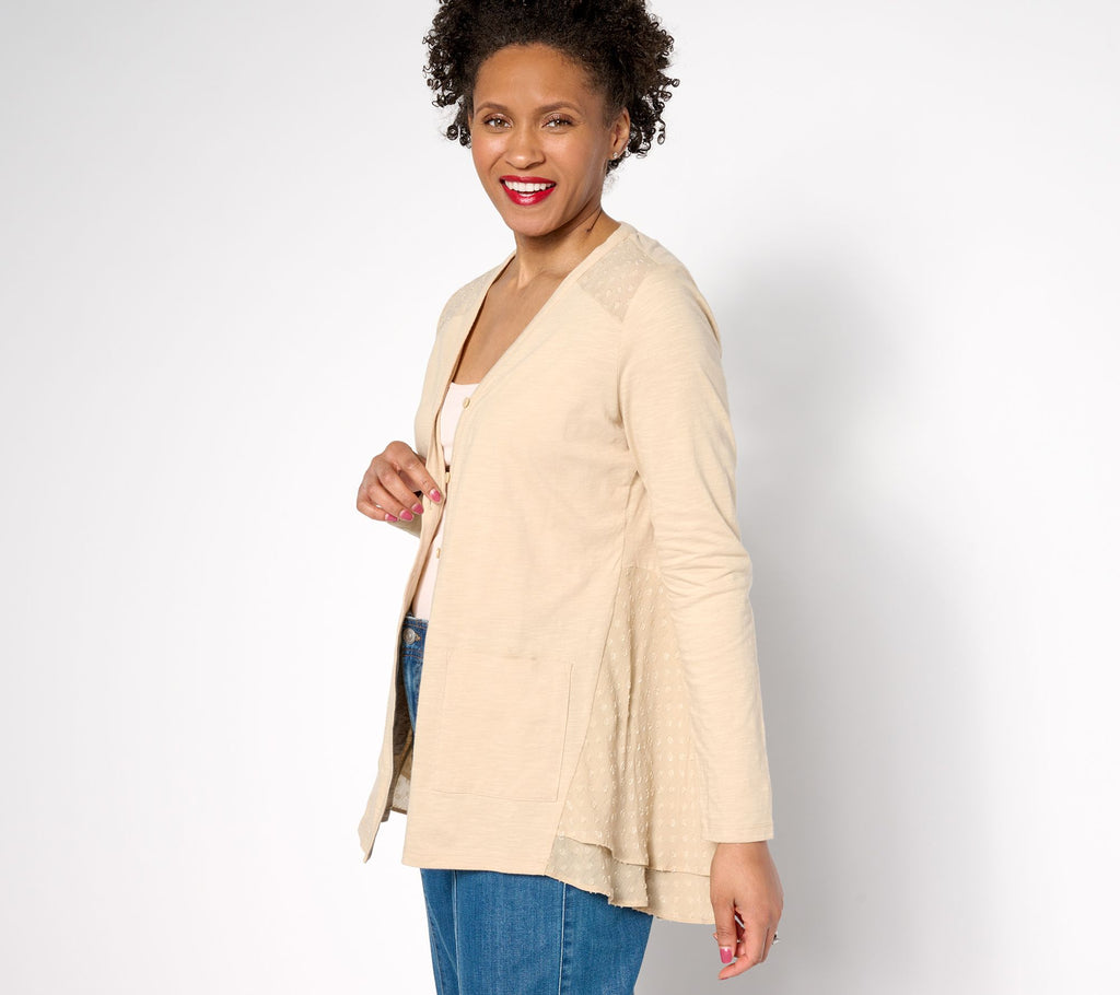 Knit Cardigan with Clip Dot Trim - Safari Tan