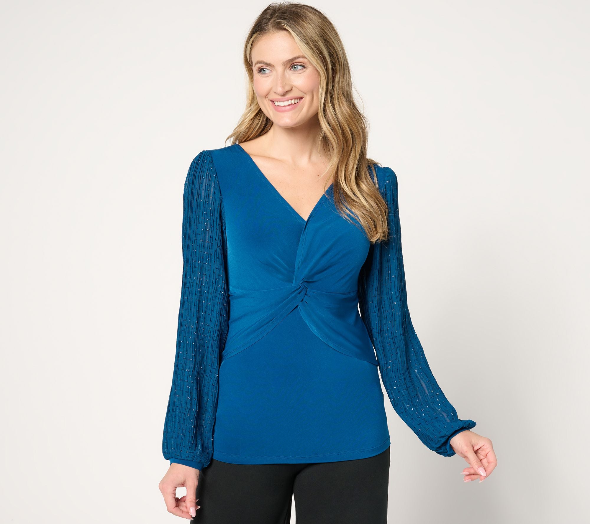 Susan Graver Occasion Liquid Knit Twist Front Top w/Pleat Sleeve - Cosmic Blue