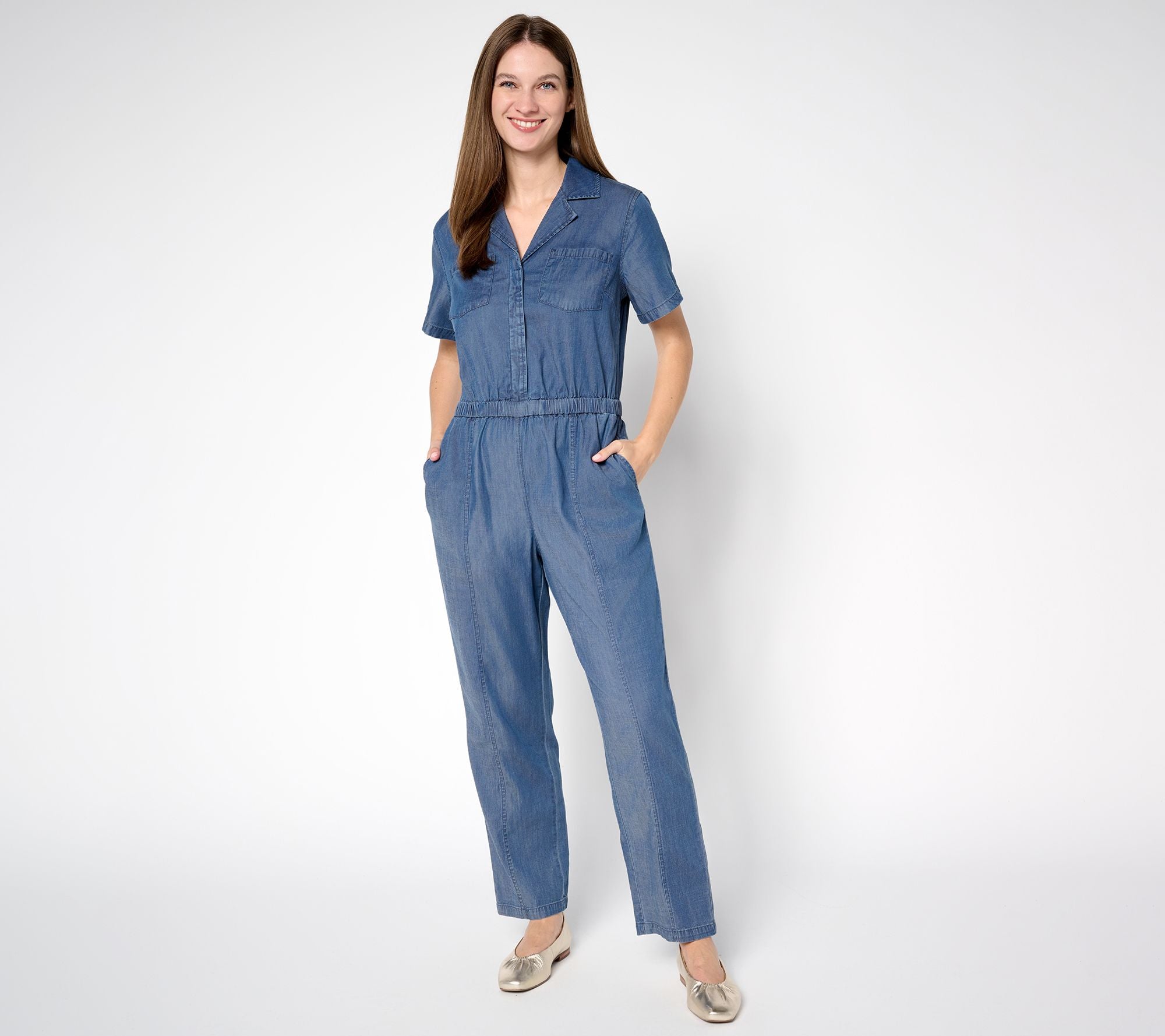 Joan Rivers Tencel Collared Ankle Length Jumpsuit - Dark Wash