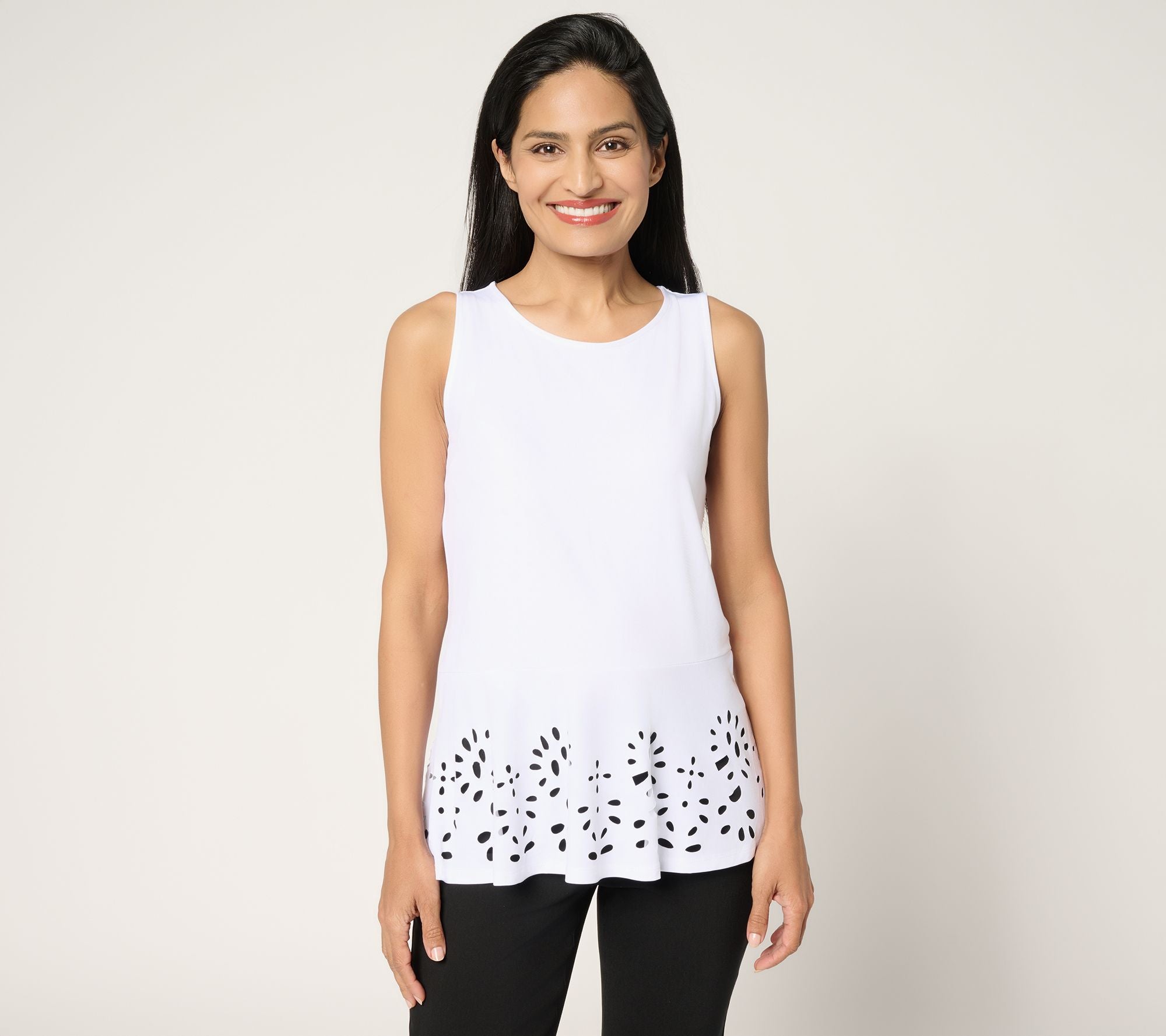 Liquid Knit Sleeveless Peplum Top with Laser Cut Hem - White