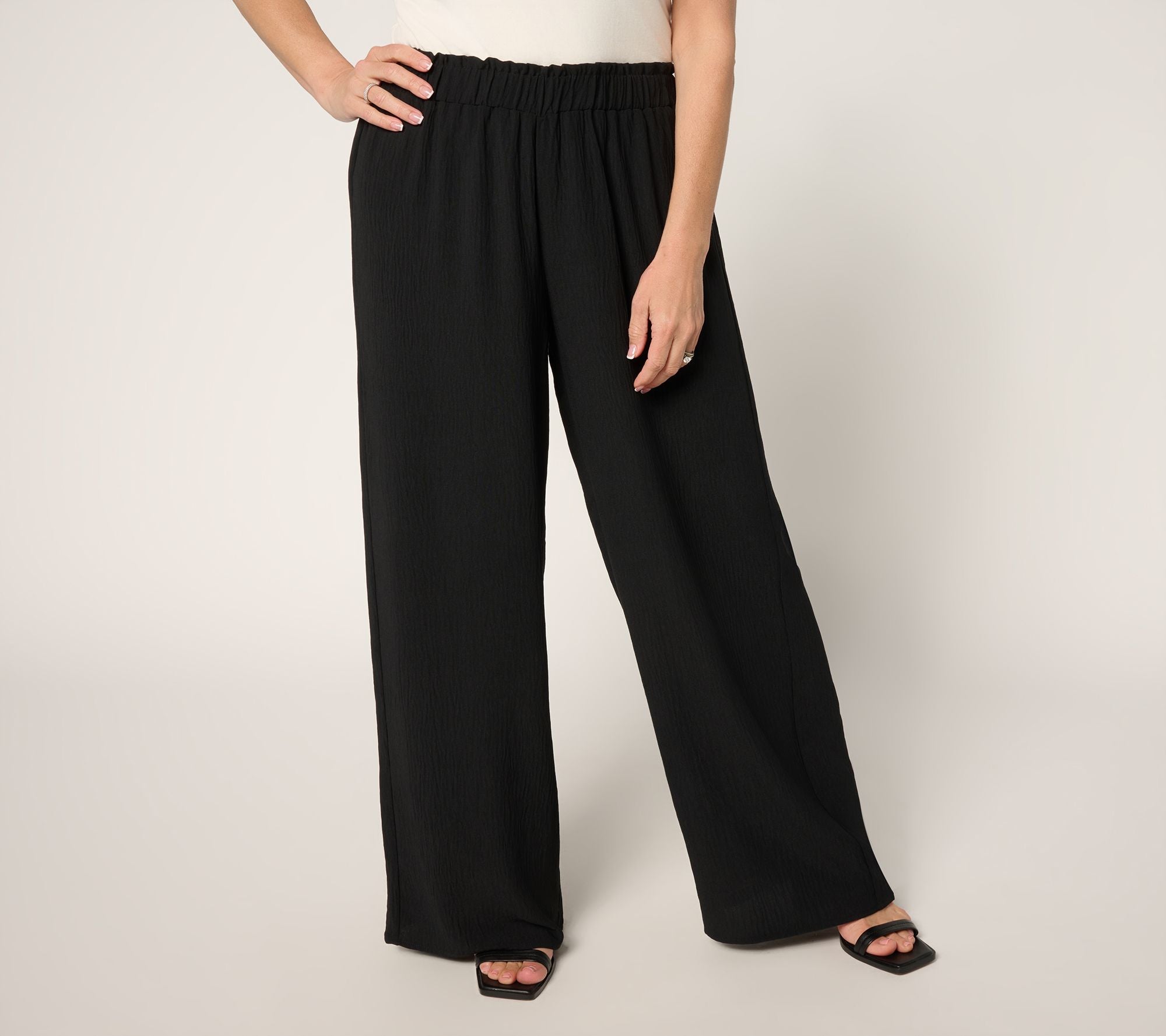 Crinkled Woven Pull-On Palazzo Pant - Black