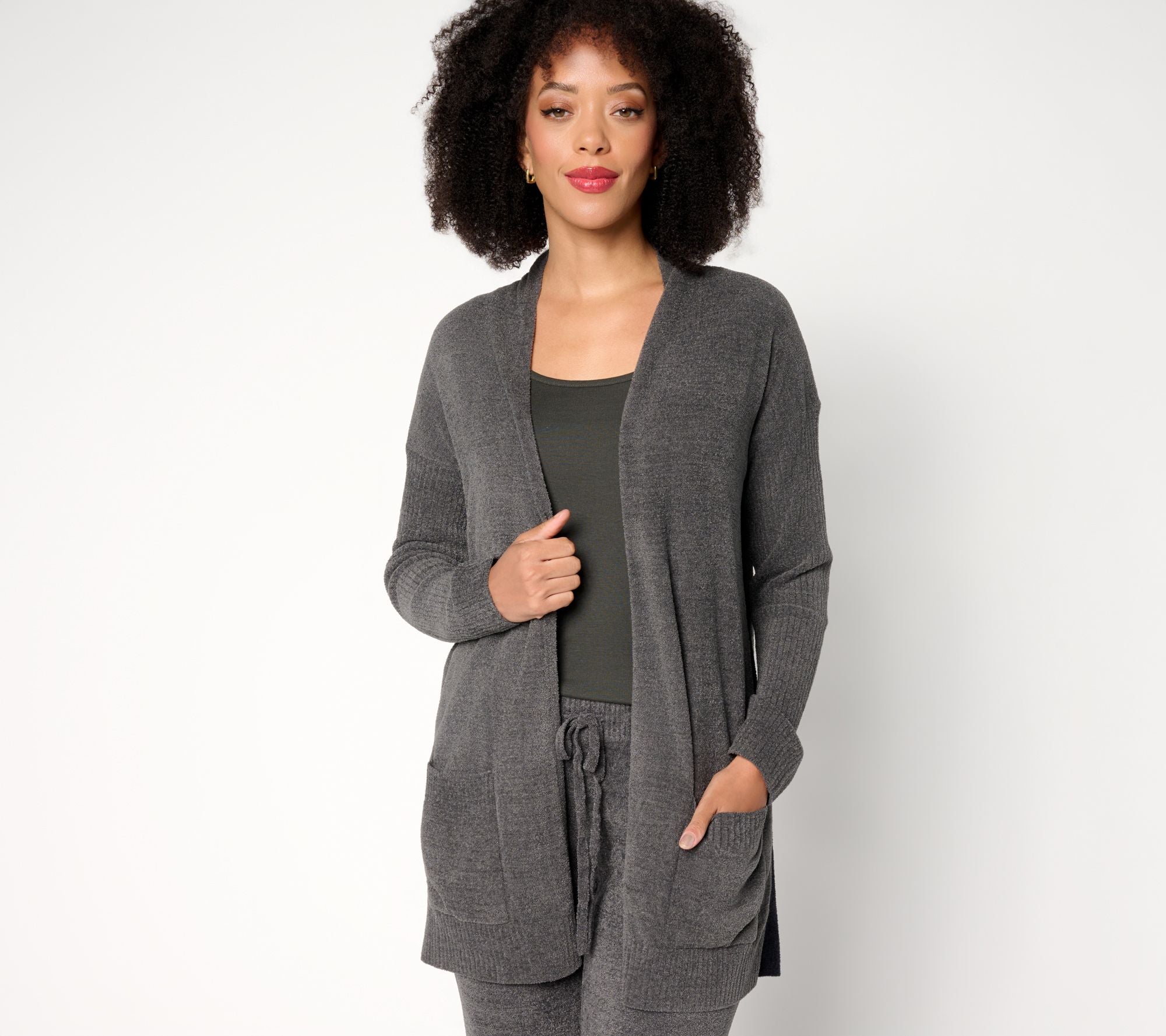 CozyChic Ultra Lite Contrast Stripe Long Cardigan - Carbon/Black