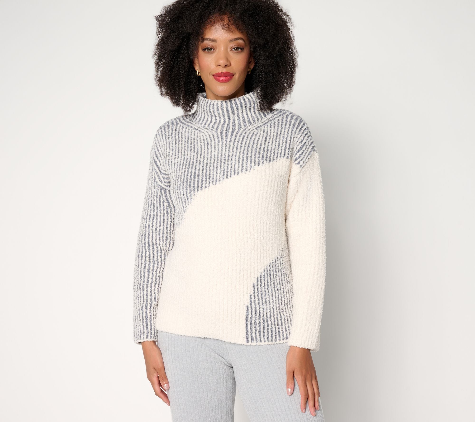 CozyChic Contrast Rib Mock Neck Pullover - ShdwBlue/Cream