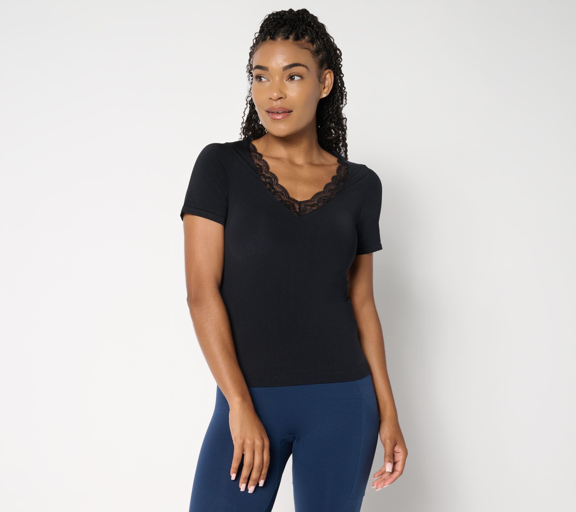 Natural Curves Seamless Lace Layering Tee - Black