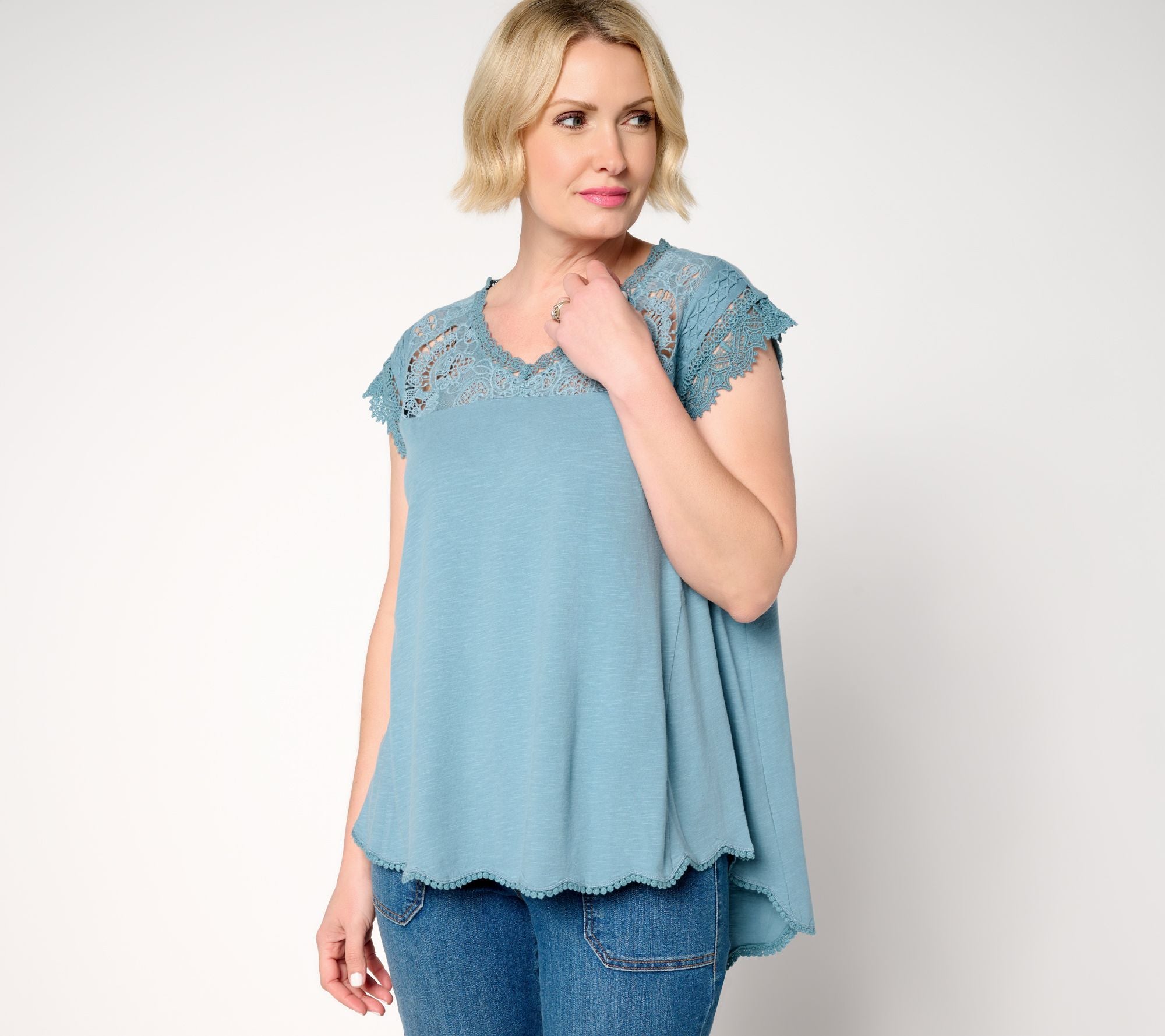 LOGO Lavish by Lori Goldstein 100% Cotton Scallop Hem Top - Spring Lake