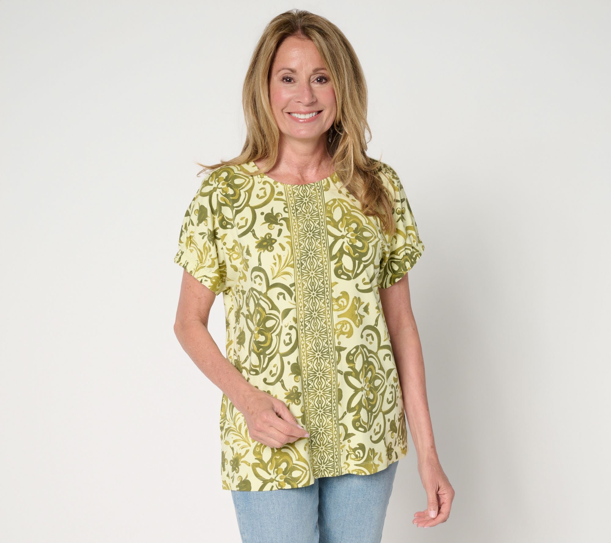 So Soft Jersey Placed Print Dolman Top with Sleeve Detail - Sage
