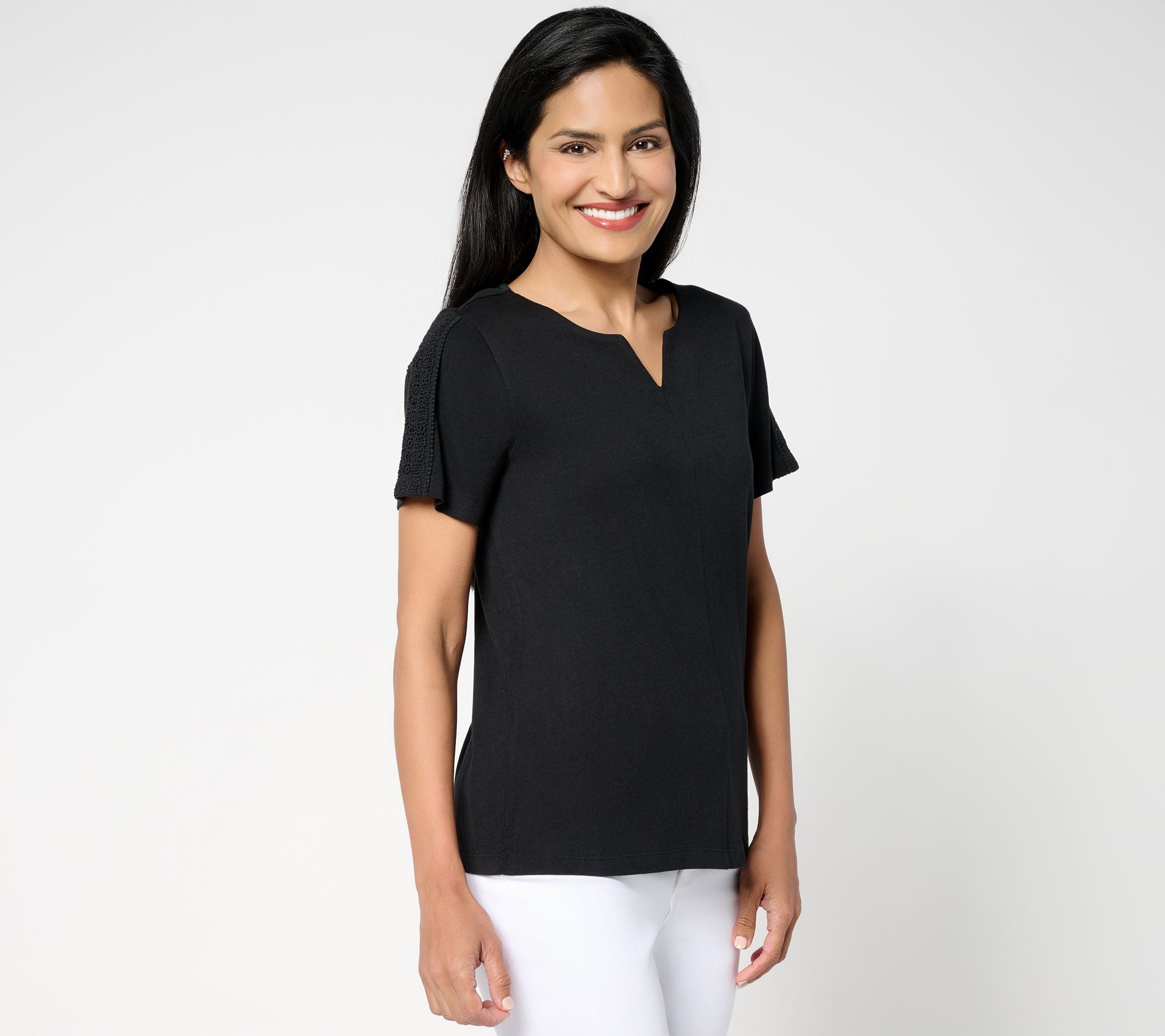 Short Sleeve Knit Top with Lace Detail - Black