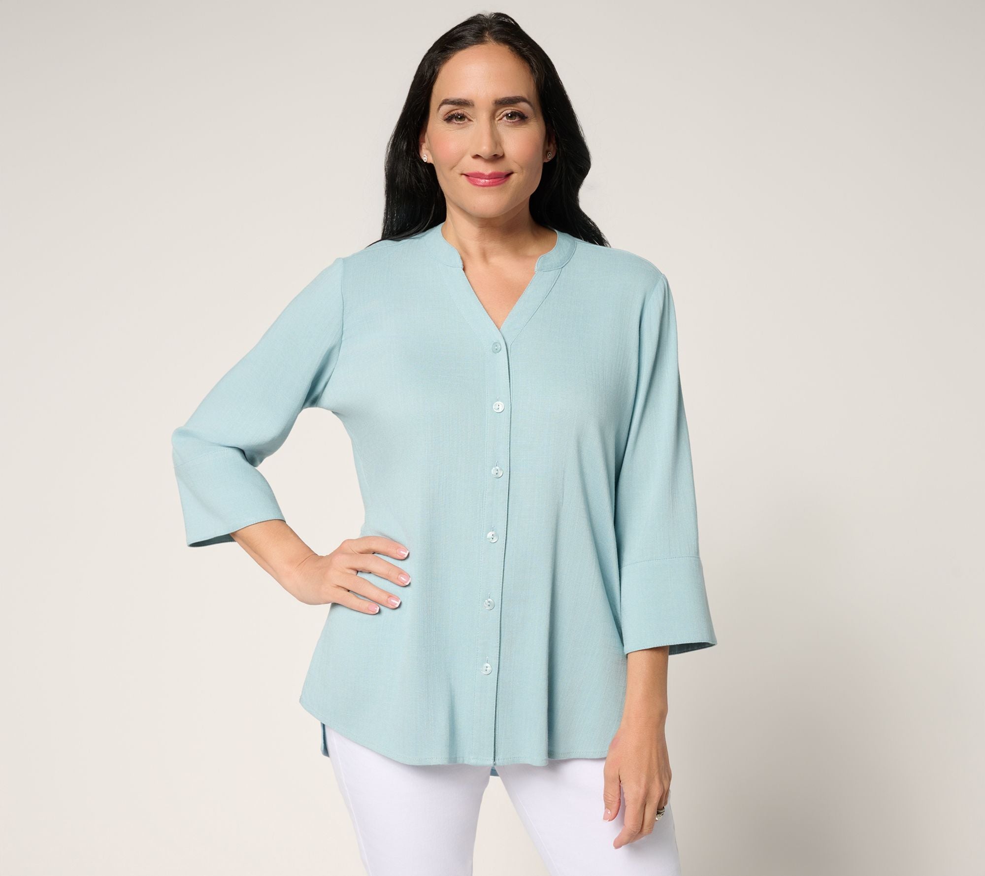Attitudes by Renee Stretch Woven Button Front Tunic - Dark Chambray