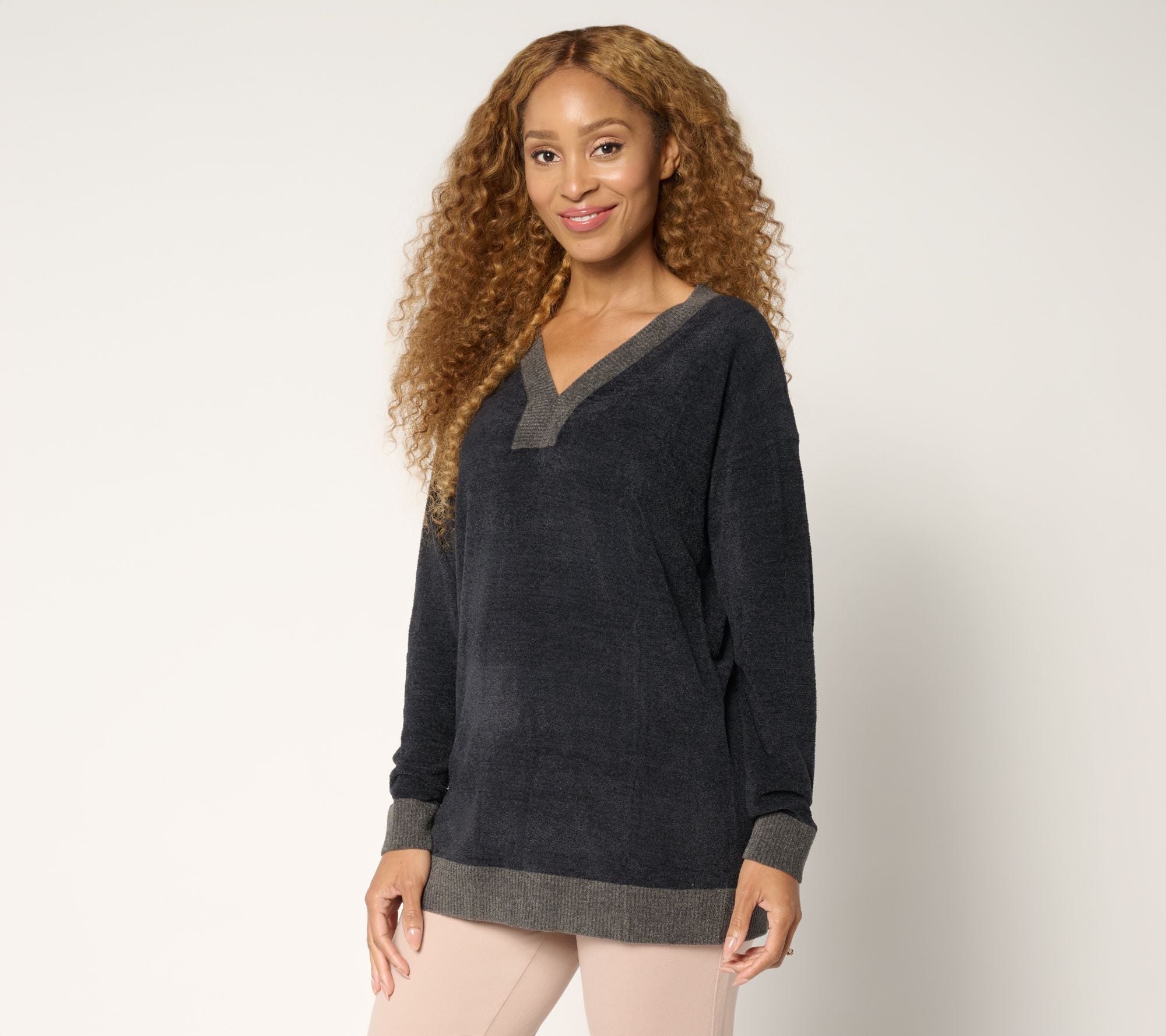 CozyChic Ultra Lite Color Block V-Neck Tunic - Black Multi