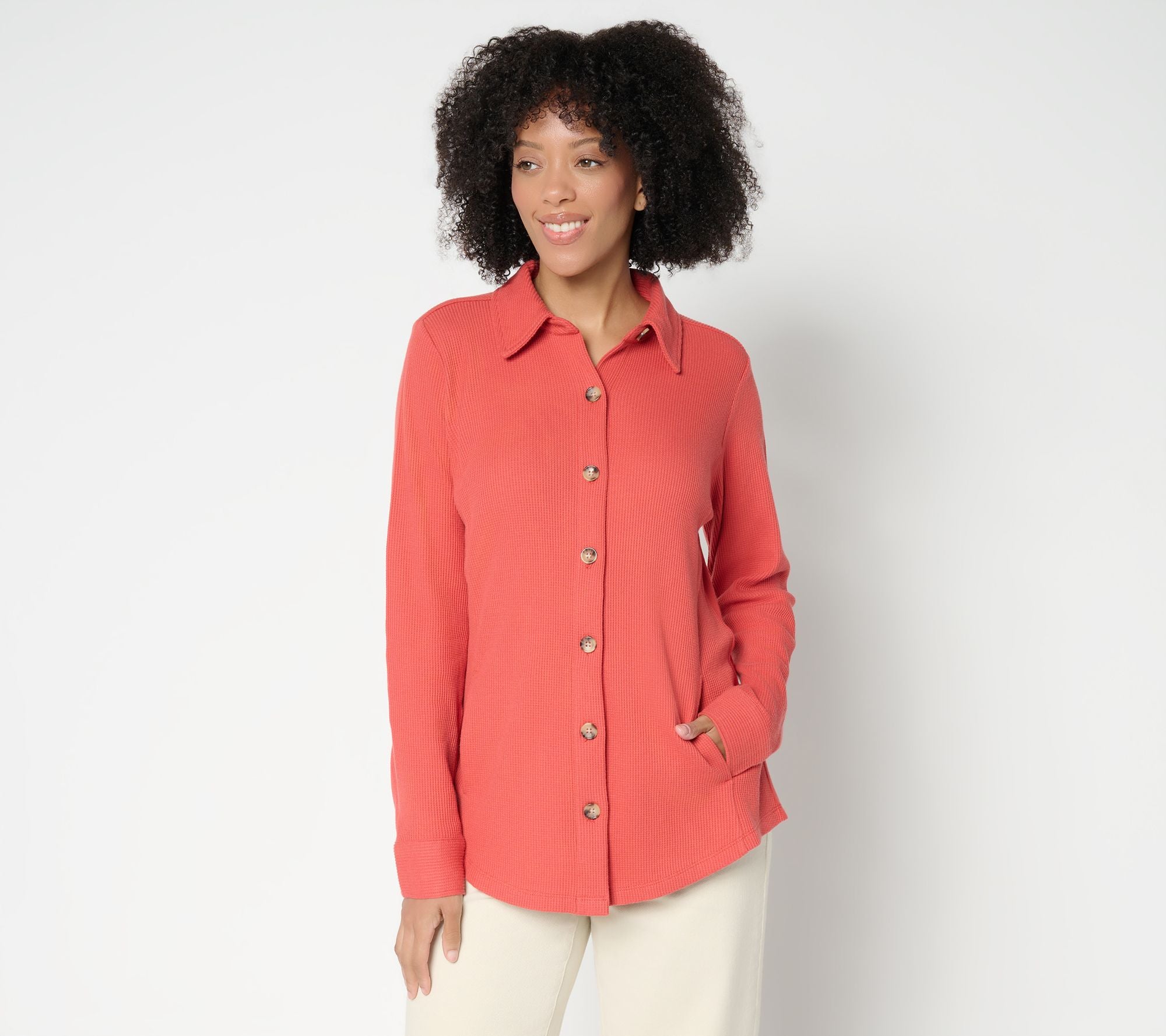 Waffle Knit & Jersey Button Front Top - Baked Apple
