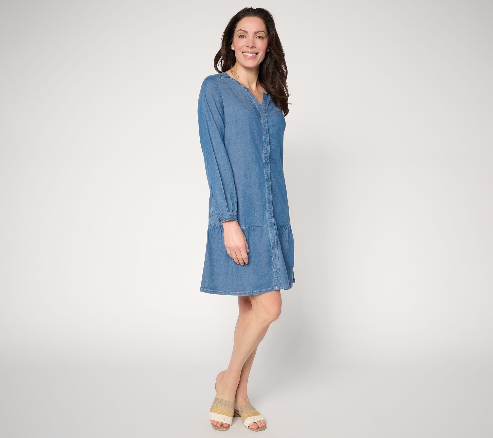 Stretch Chambray Button Front Dress - Medium Wash