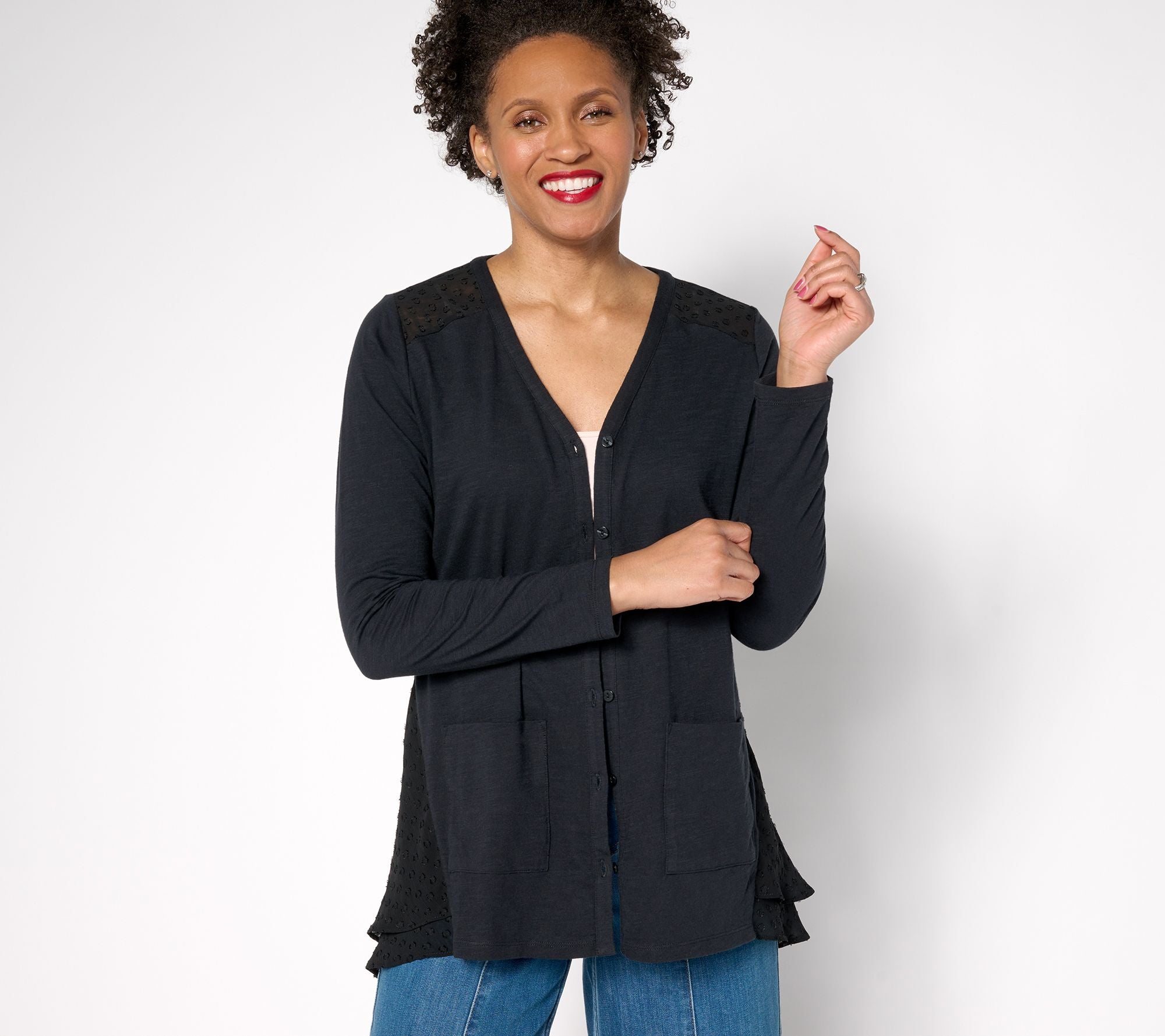 Knit Cardigan with Clip Dot Trim - Black