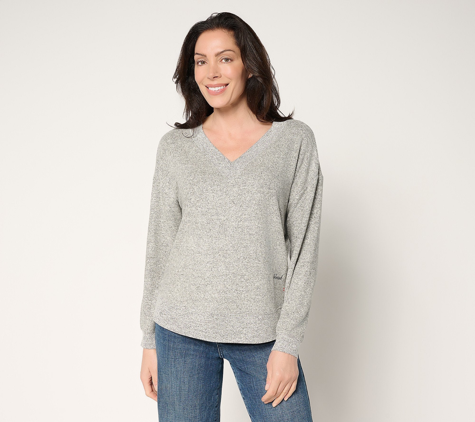 Comfy V-Neck Top with Embroidered Affirmation