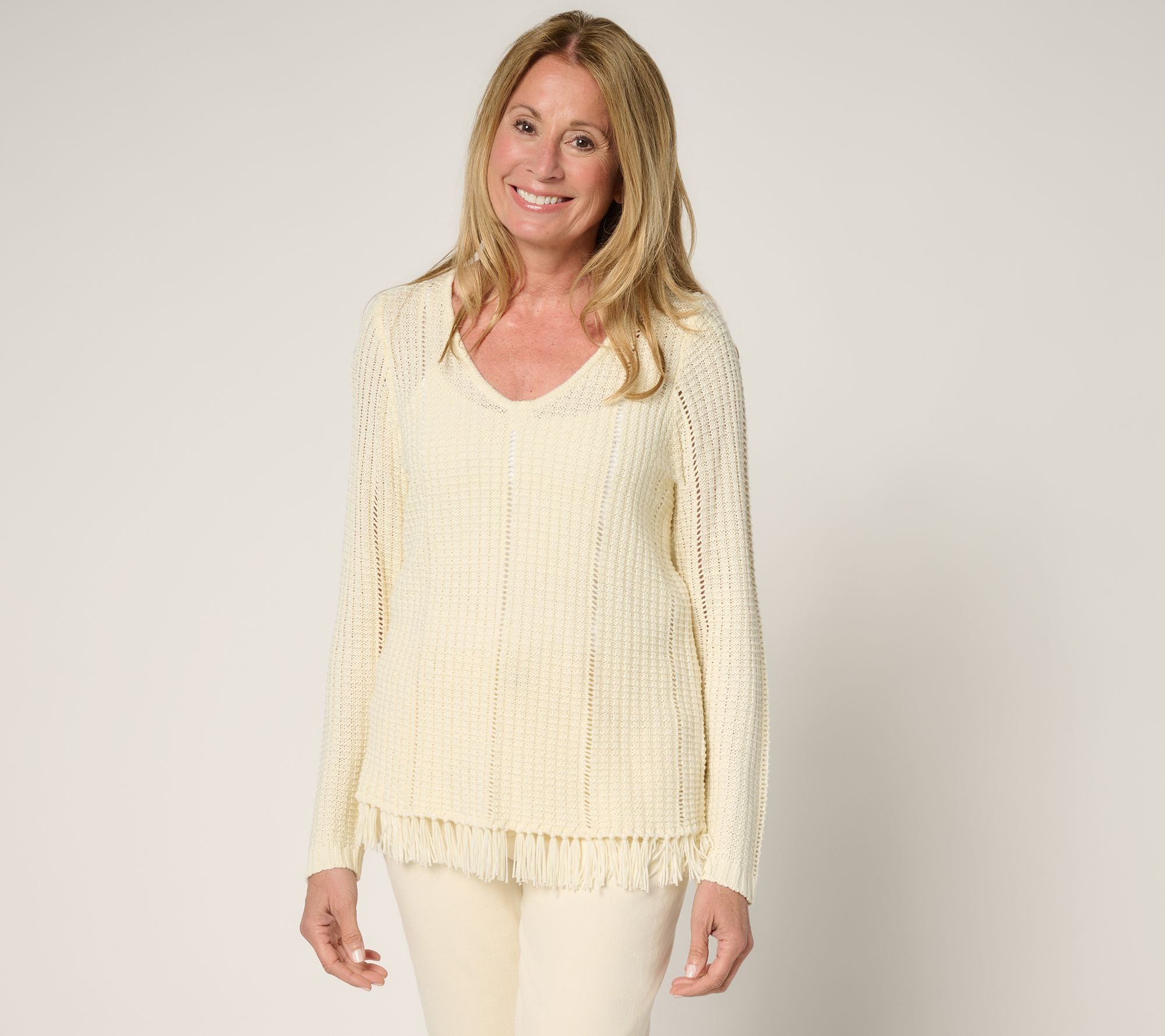 Long Sleeve Fringe Hem Pointelle Sweater - Natural