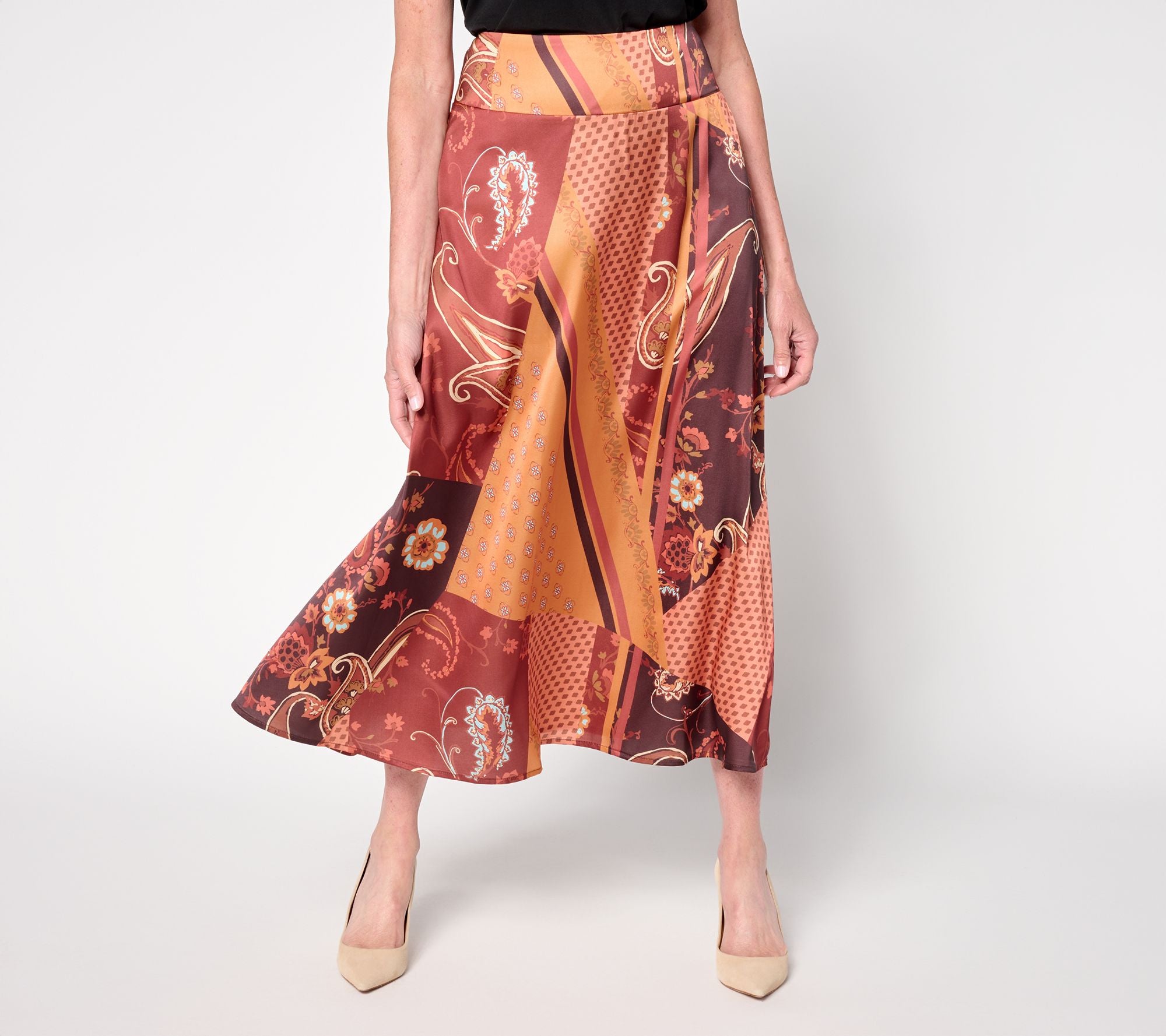 Printed Satin Midi Skirt - Chocolate/Amber