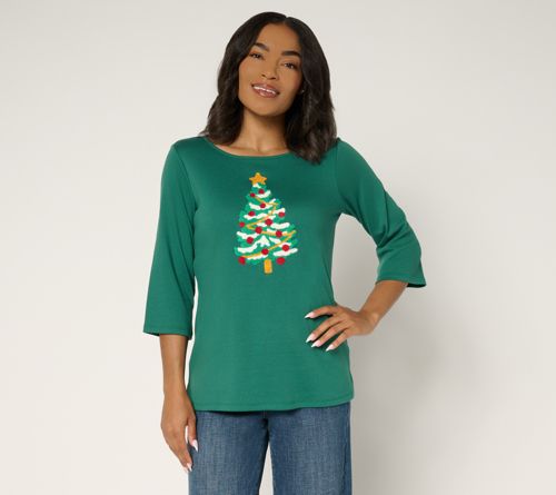 Punch Needle 3/4 Sleeve Christmas Tree Top
