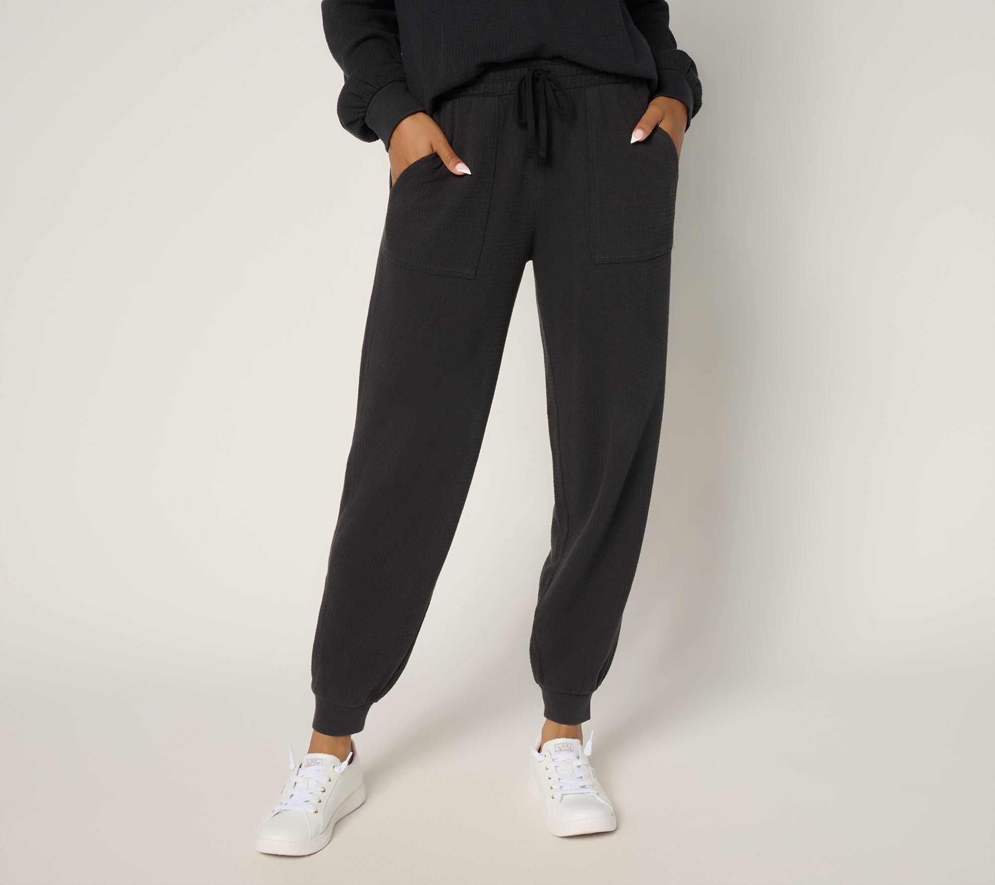 Washed Waffle Knit Joggers - Black