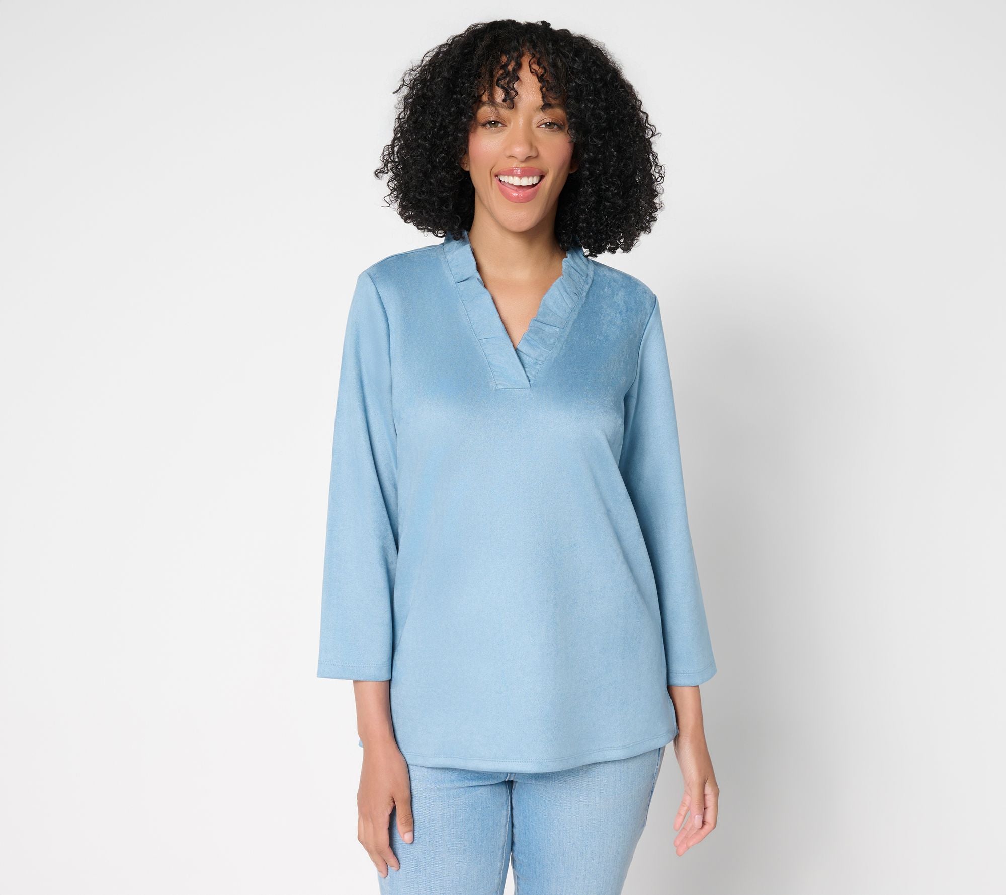 Belle Boho by Kim Gravel PerSuede Me Ruffle Collar V Neck Top - Faded Denim