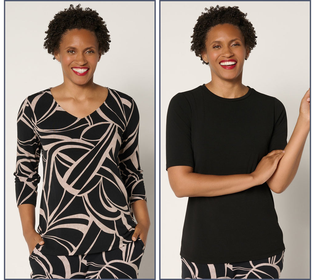 Set of 2 Liquid Knit Print & Solid Tops - Swirl/Black