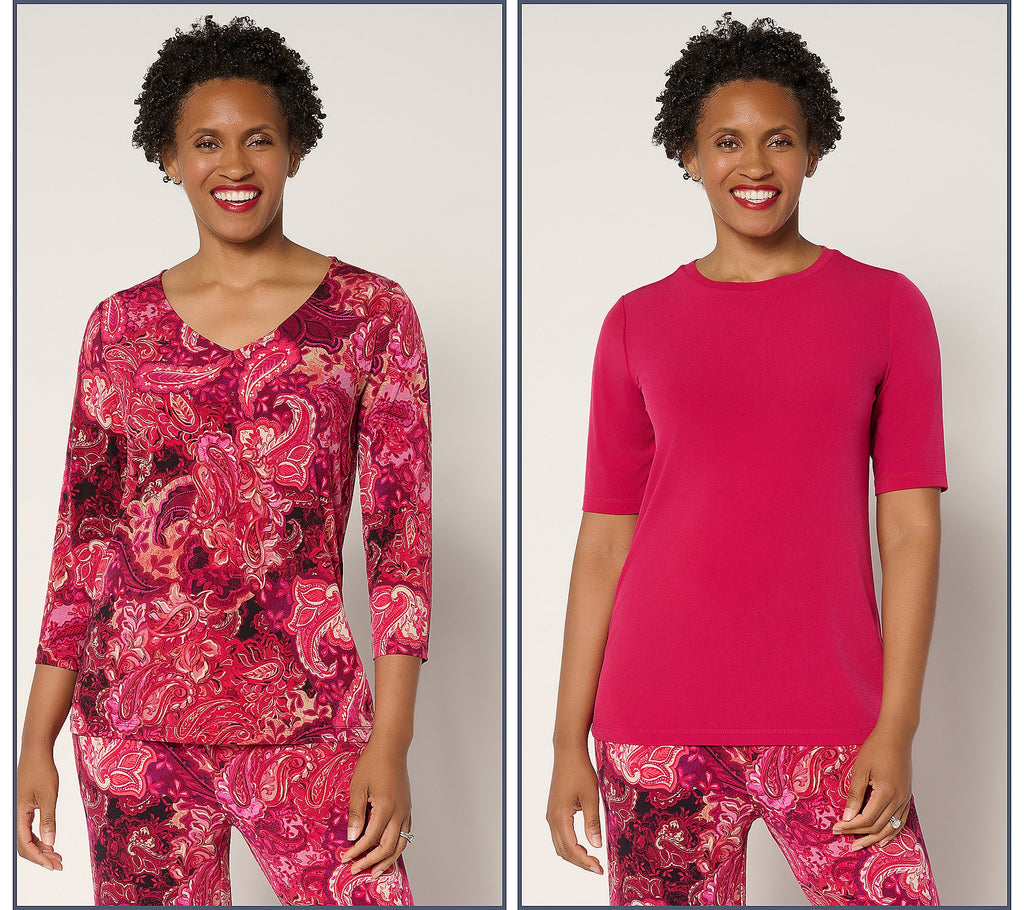 Set of 2 Liquid Knit Print & Solid Tops - Paisley/Rose