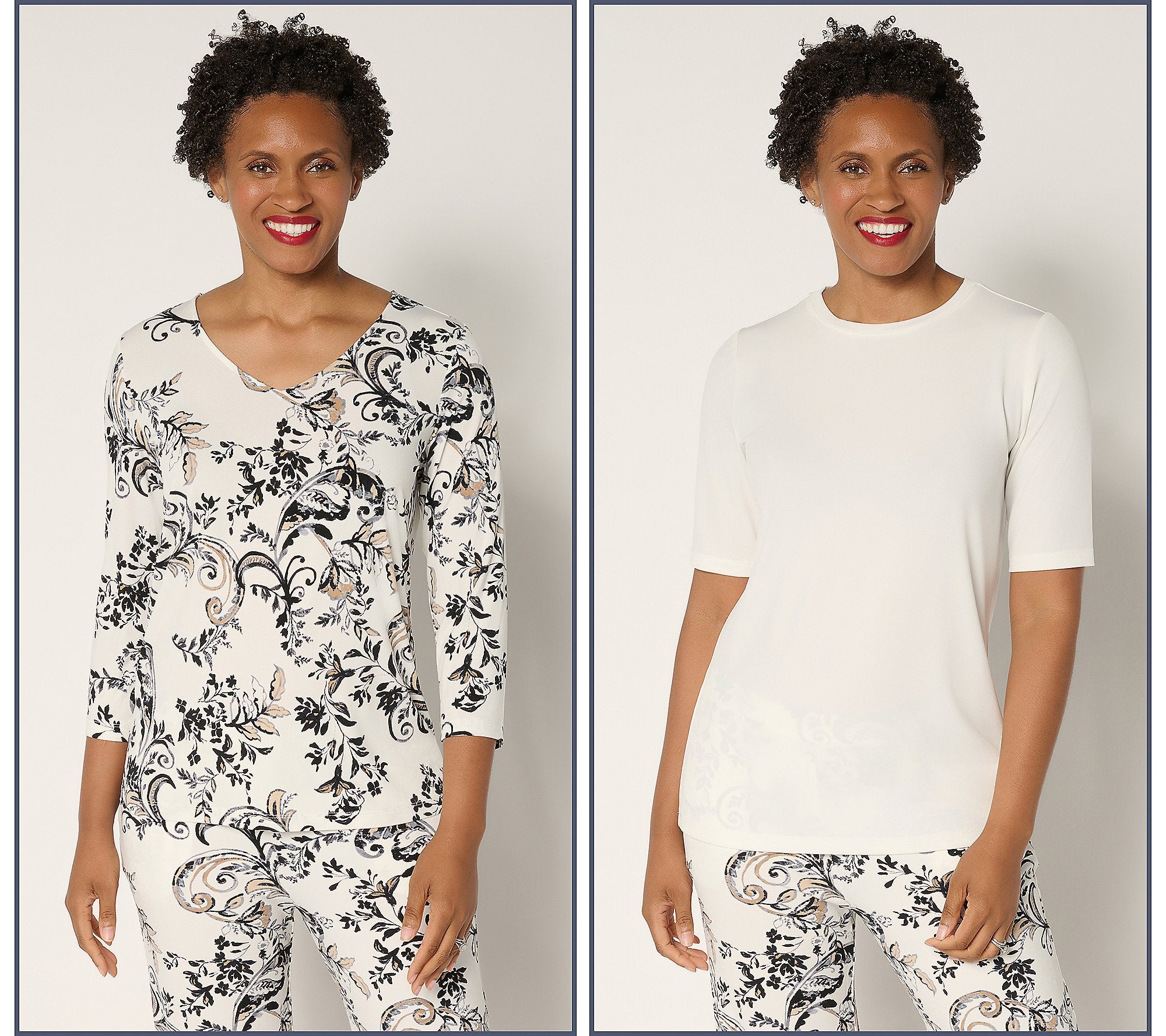 Set of 2 Liquid Knit Print & Solid Tops