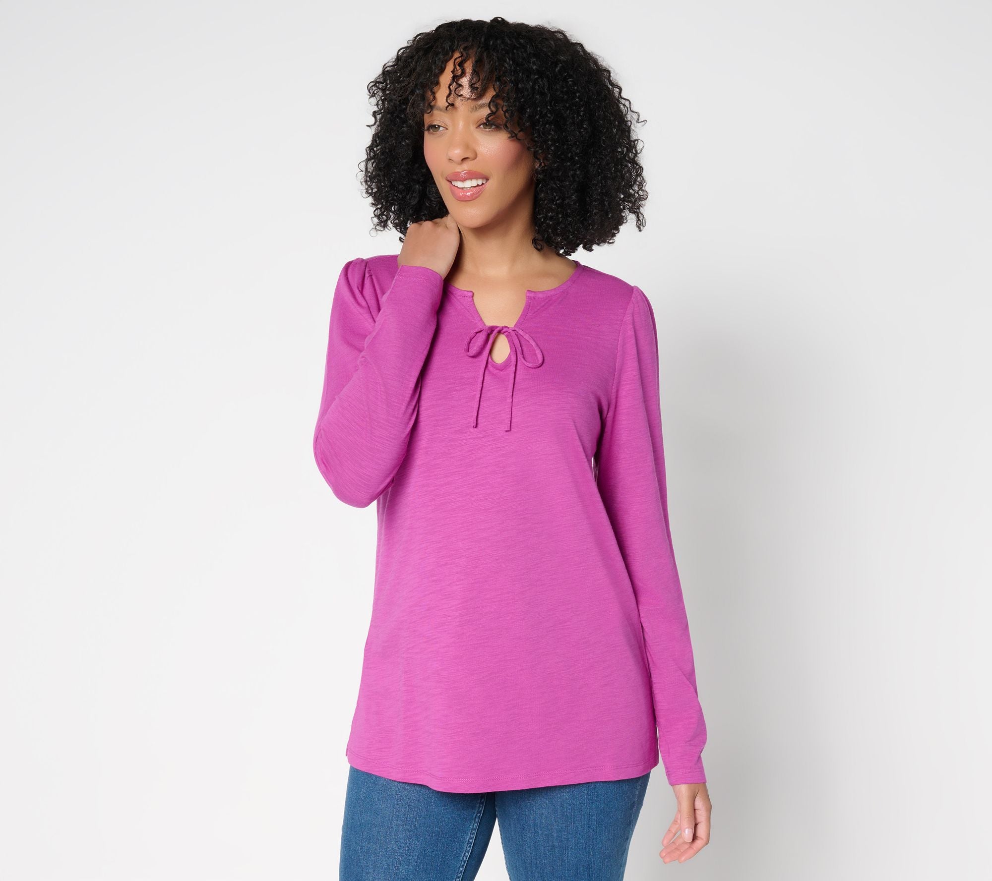 Slub Knit U Neck Tie Front Top - Wild Aster
