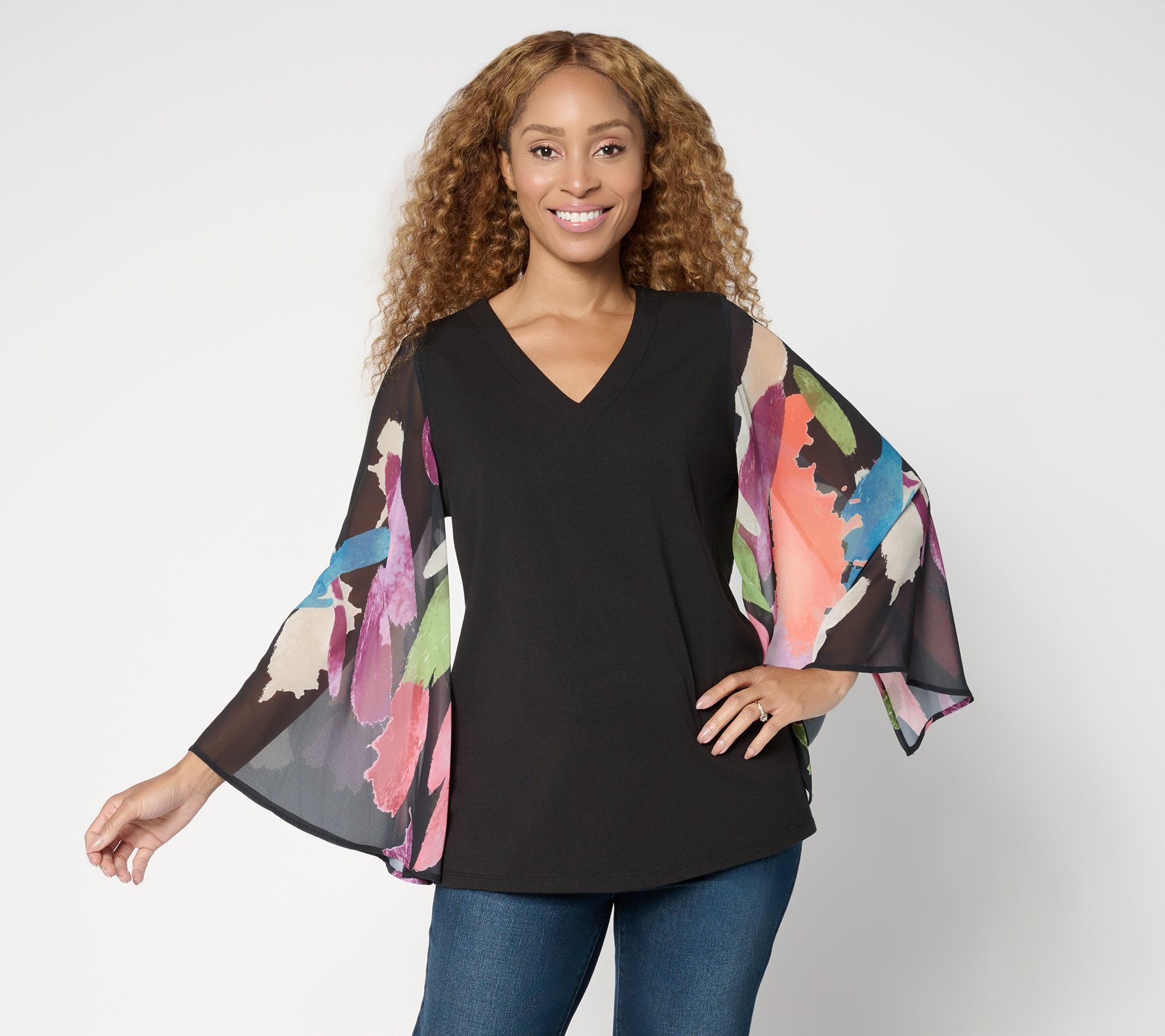 Autumn Abstract Breezey Sleeve V-Neck Top - Black