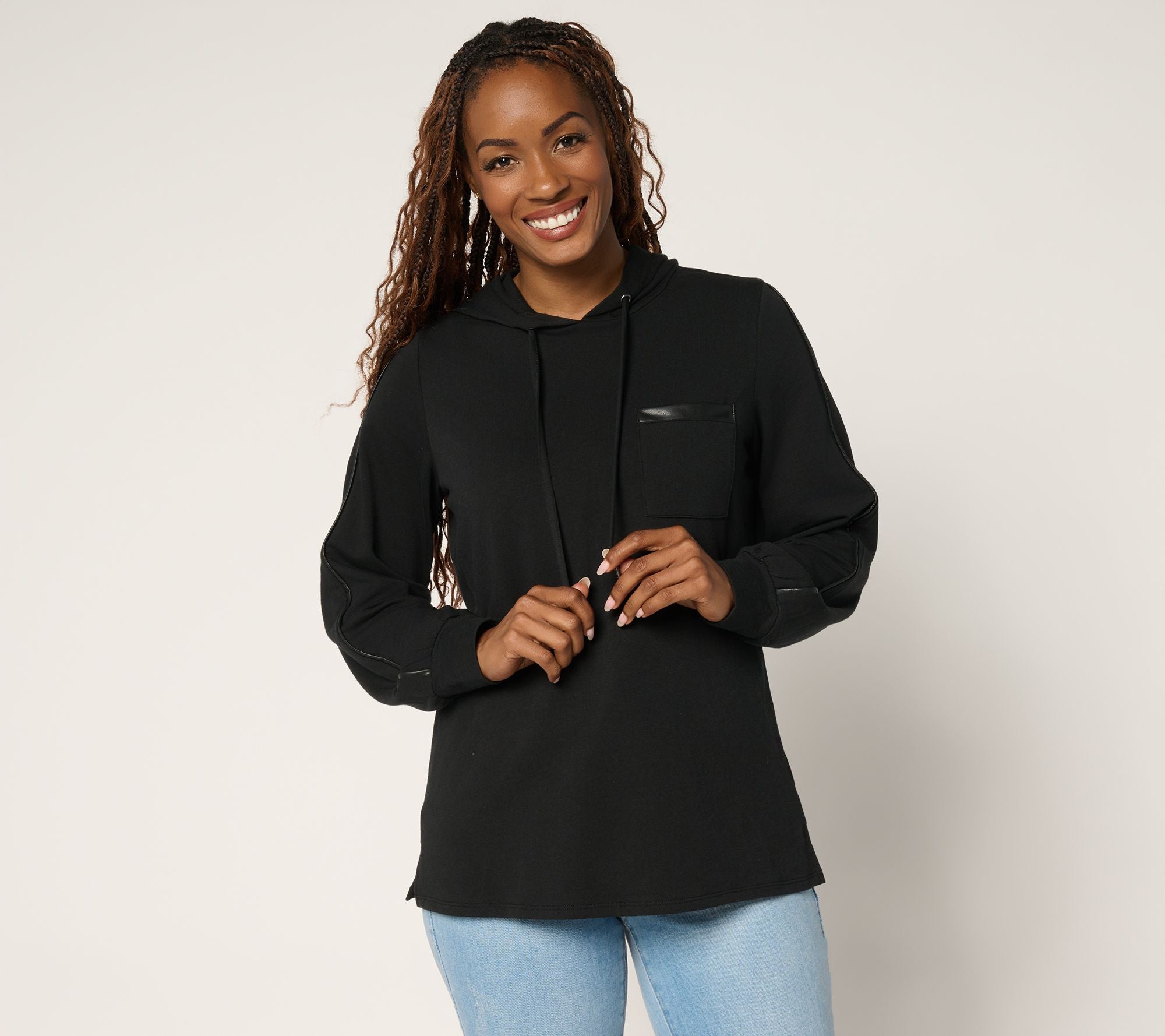 Just a Touch Faux Leather Trim Hoodie - Black