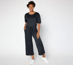 Dream Cloud Elbow Sleeve Wide Leg Jumpsuit - Black