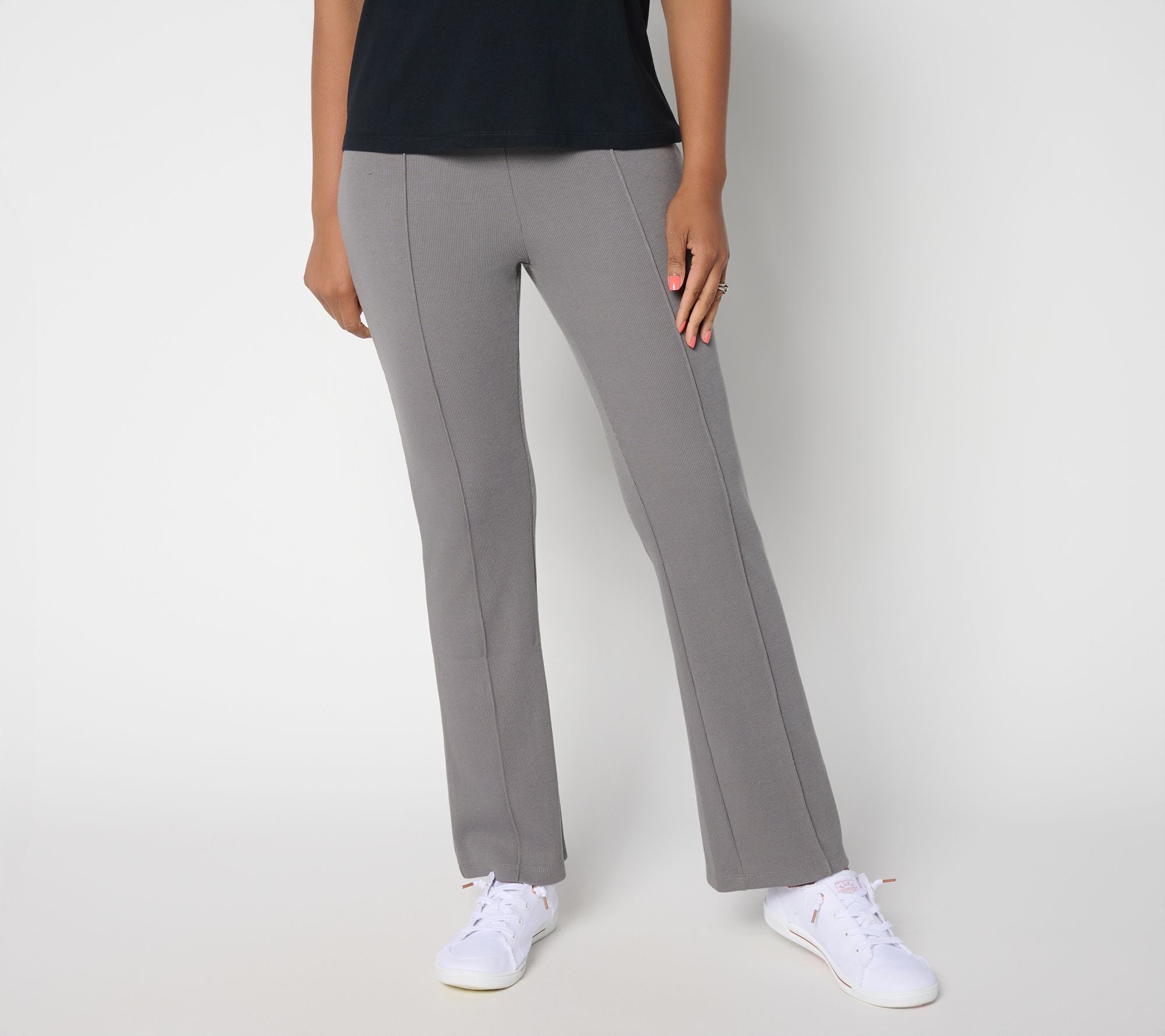 Full Length Knit Rib Flare Pants - Smoked Pearl