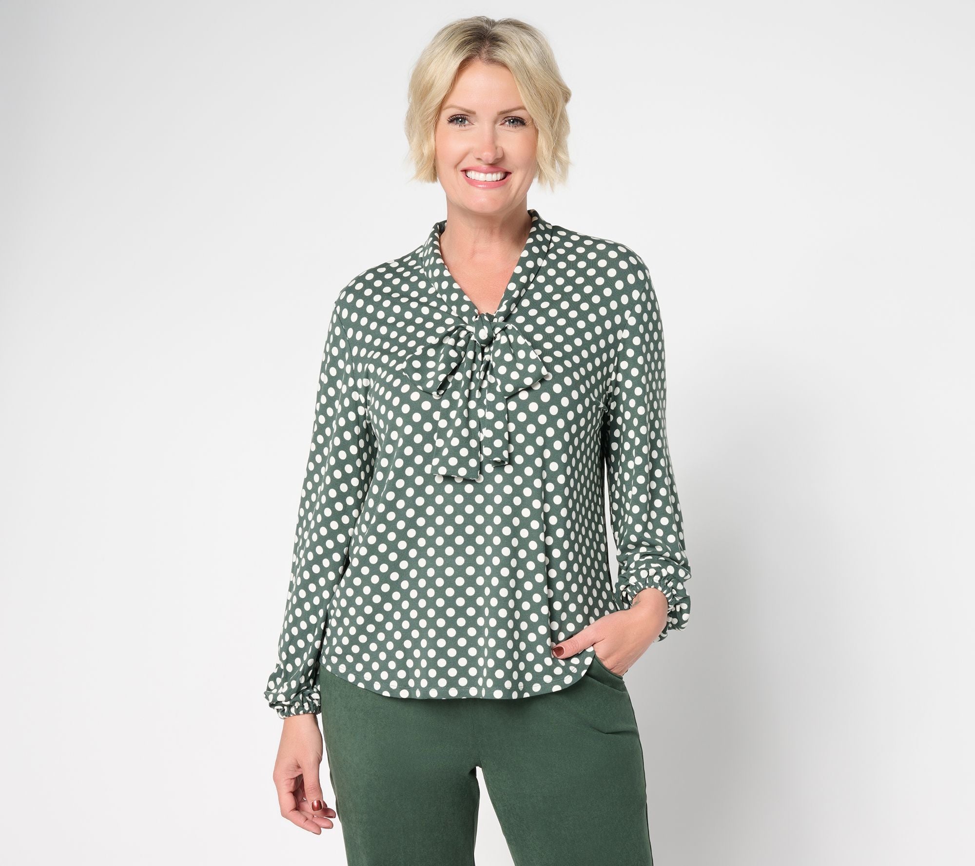 Pull-Over Jersey Bow Blouse - Forest/IvoryDot