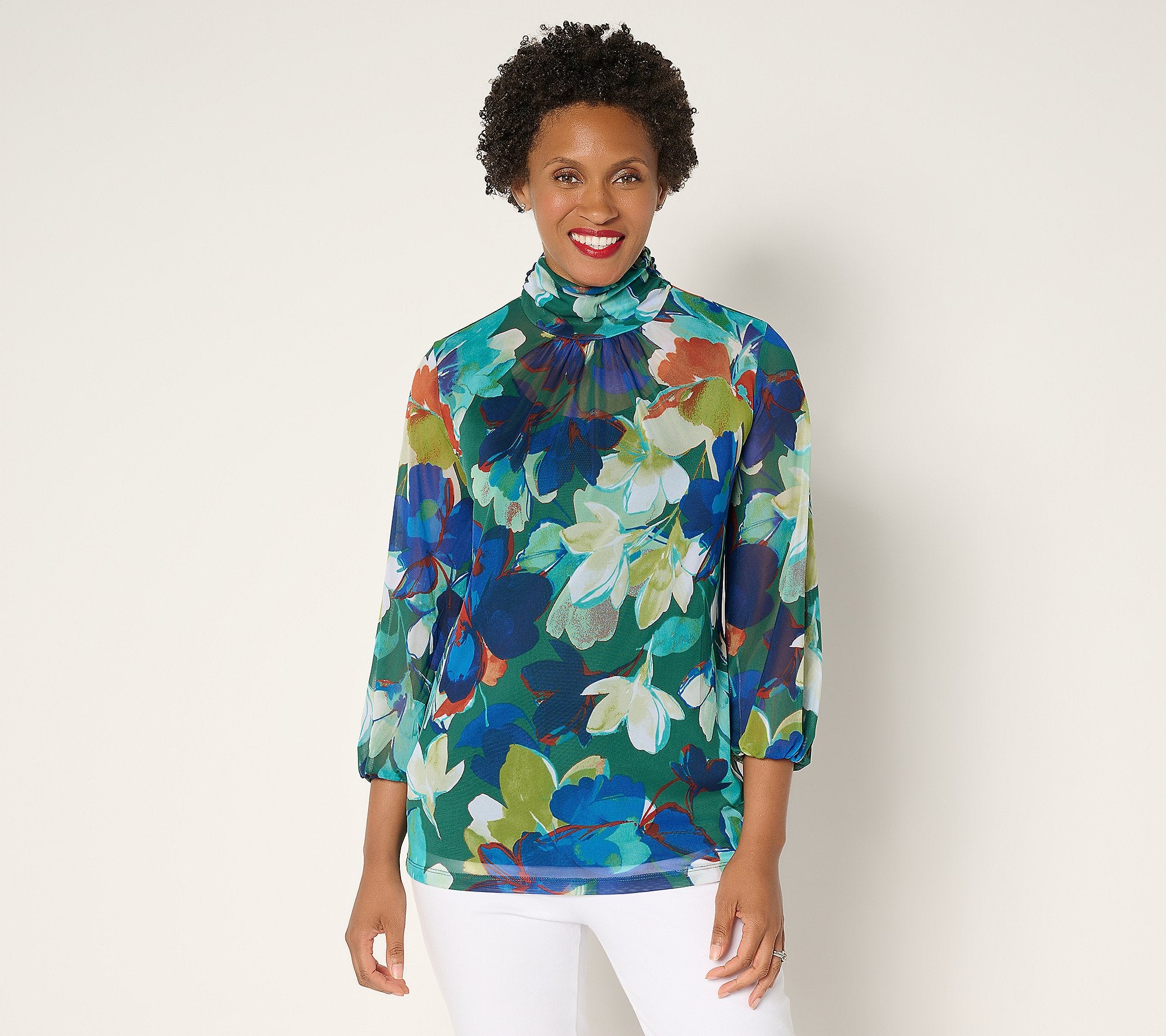 Printed Mesh Mock-Neck Top and Tank
