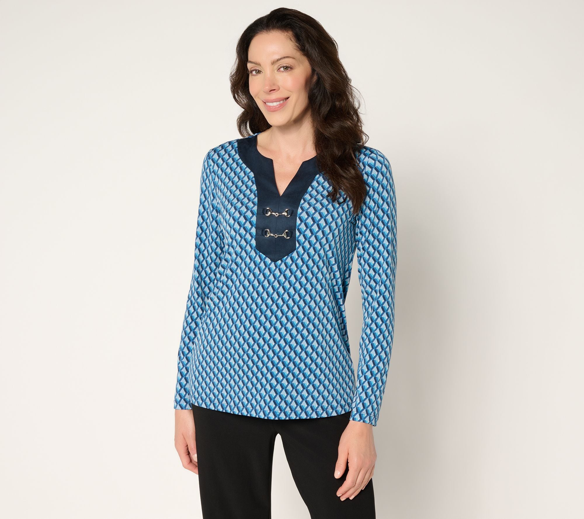 Printed Liquid Knit & Faux Suede Top w/ Neck Trim - Blue/Navy