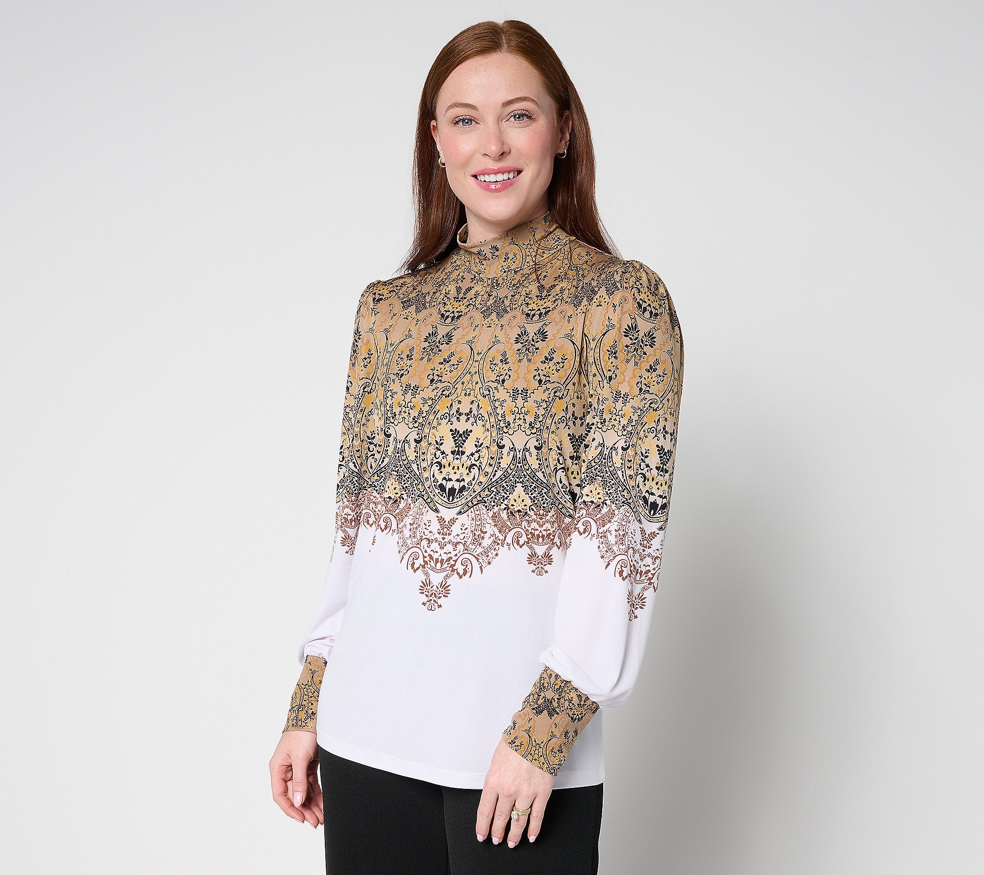 Printed Liquid Knit Mock Neck Top with Blouson Sleeves