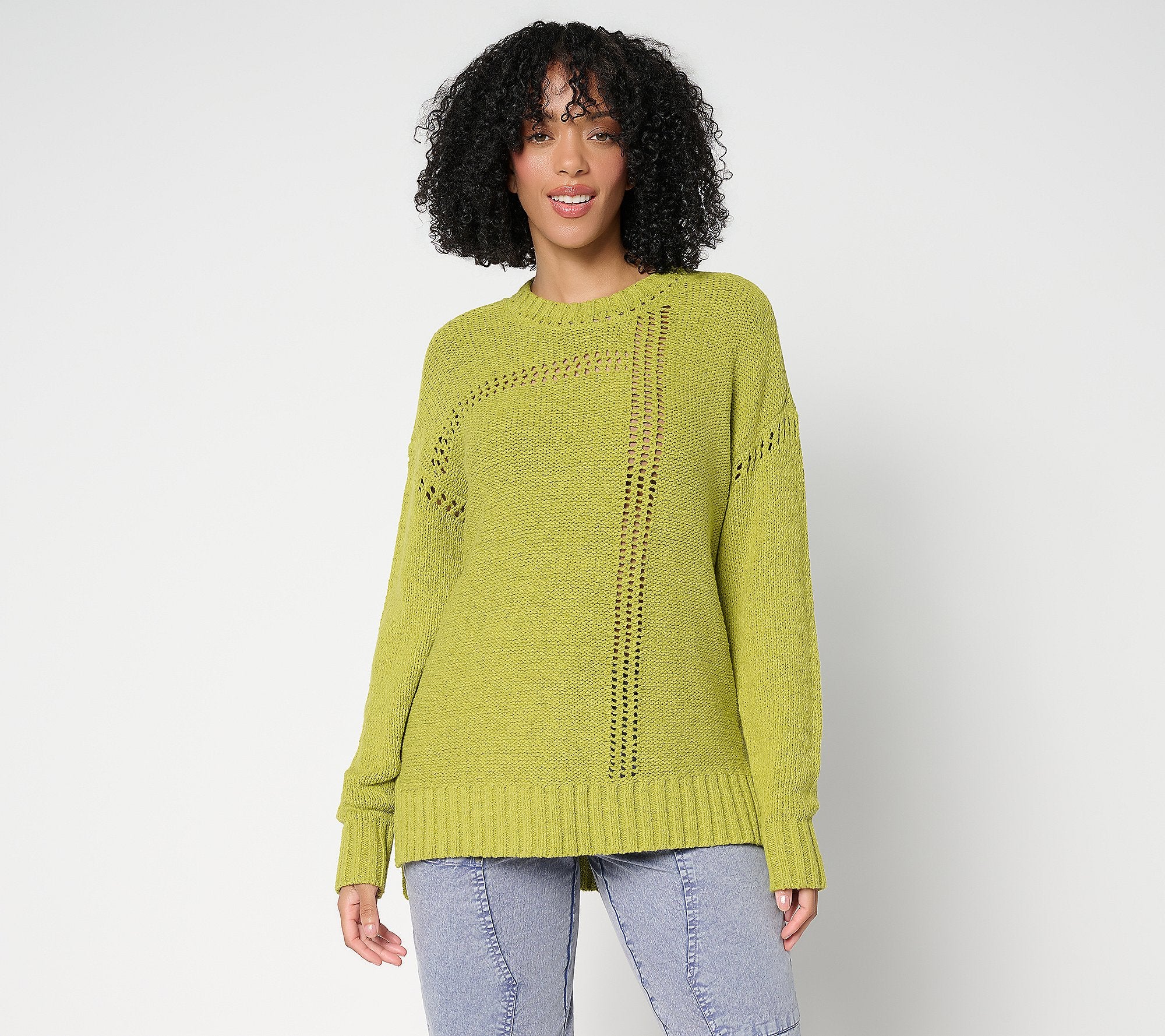 Crew Neck Sweater with Hi-Low Hem - Split Pea