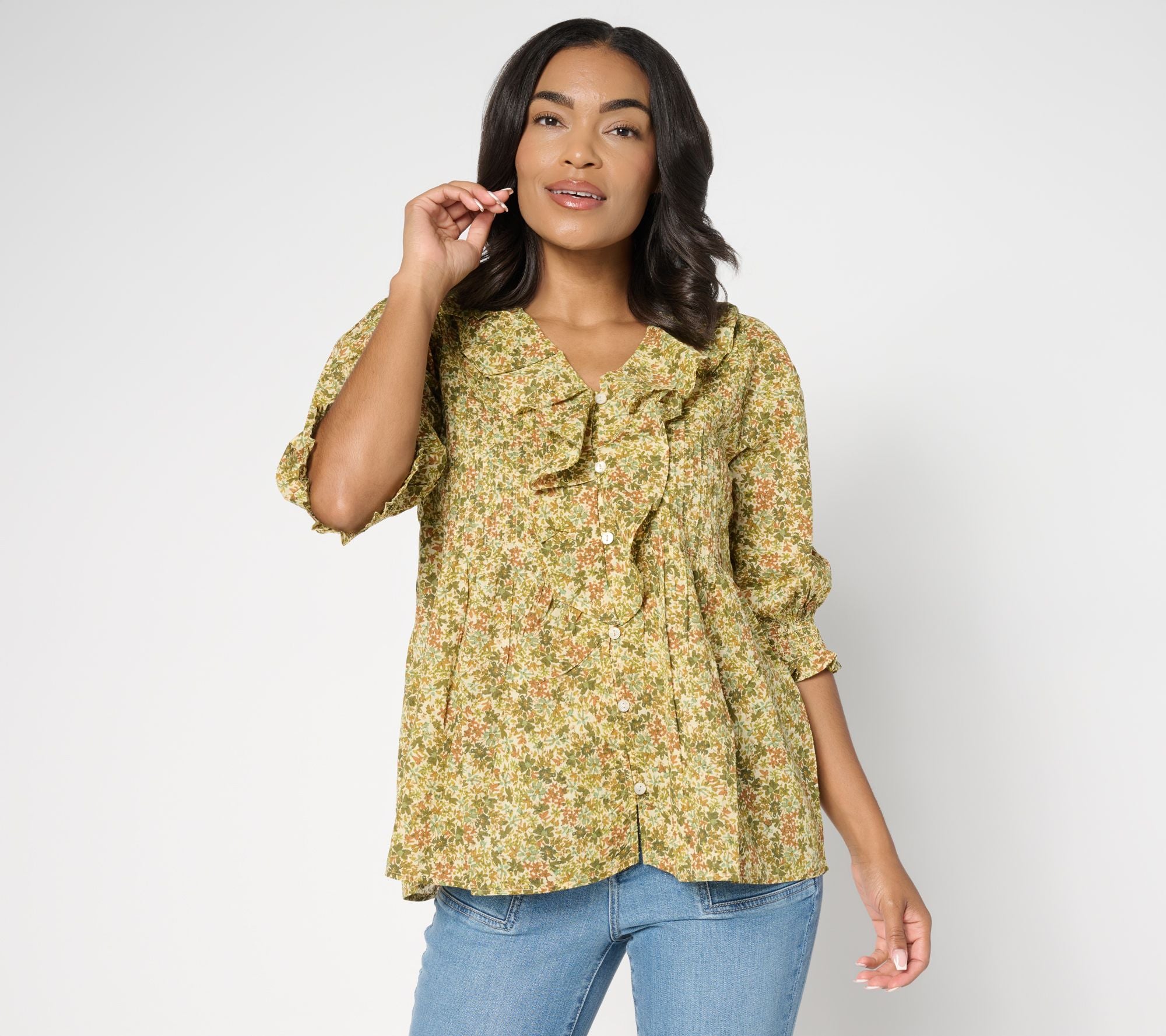 Printed 100% Cotton Ruffle Front Blouse - Olive Ditsy